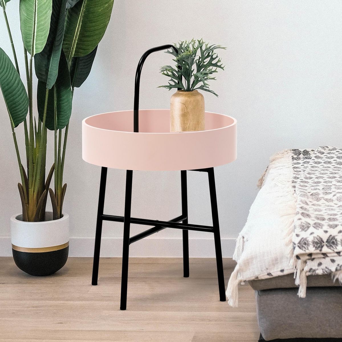 VS VENTA-STOCK Table auxiliaire Jaipur avec Plateau en MDF Rose et Structure métallique en Noir Mat