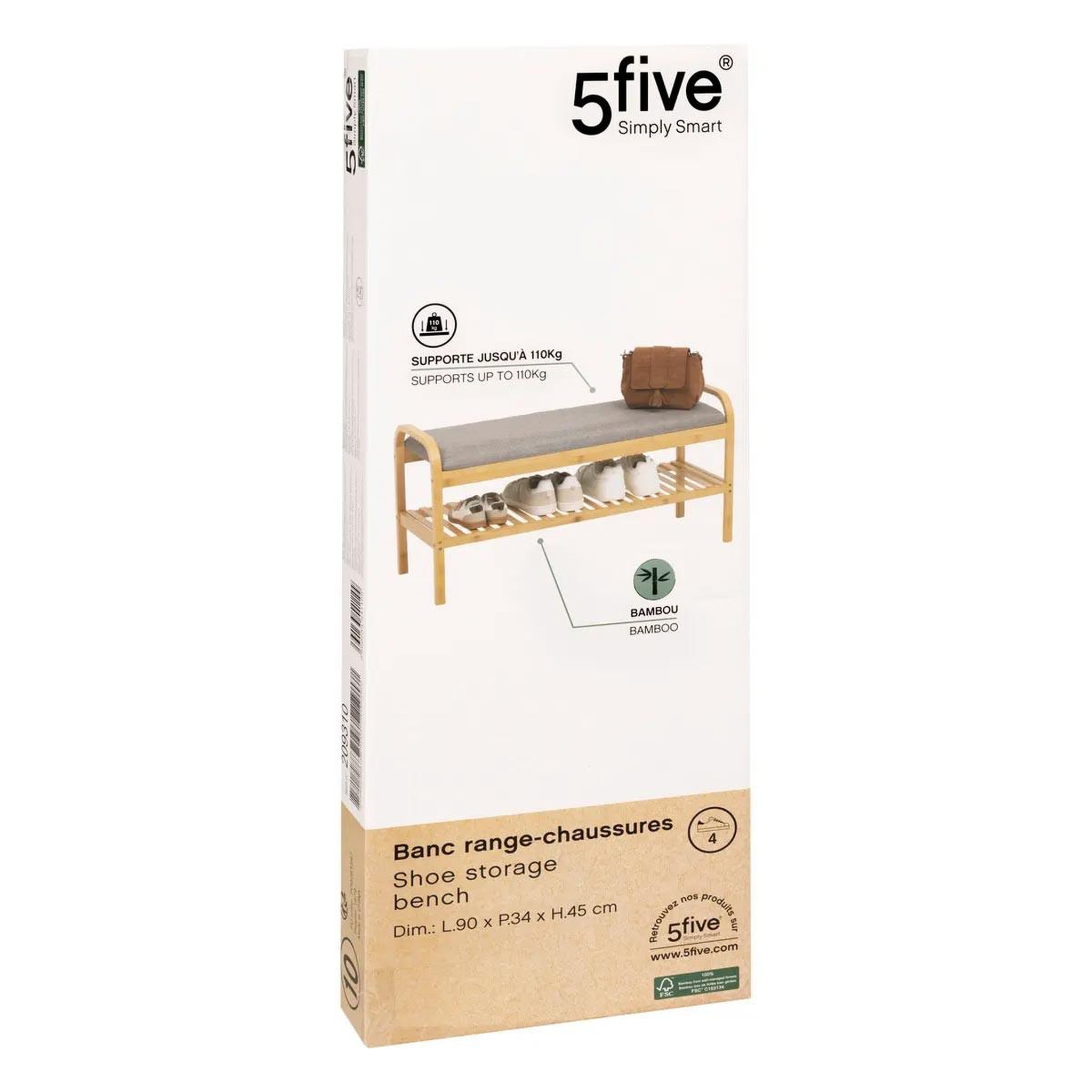 Voir la diapositive 4 : FIVE Banc range-chaussures en bambou  cosy  90cm naturel