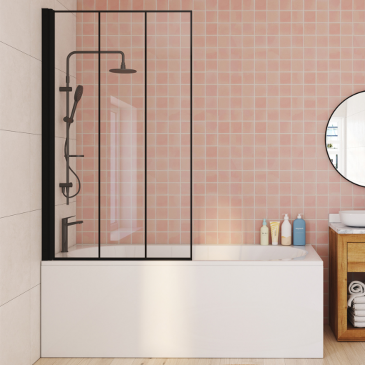 ID MARKET Pare baignoire 1 volet 80x140 cm sérigraphié effet verrière avec profilé en aluminium noir