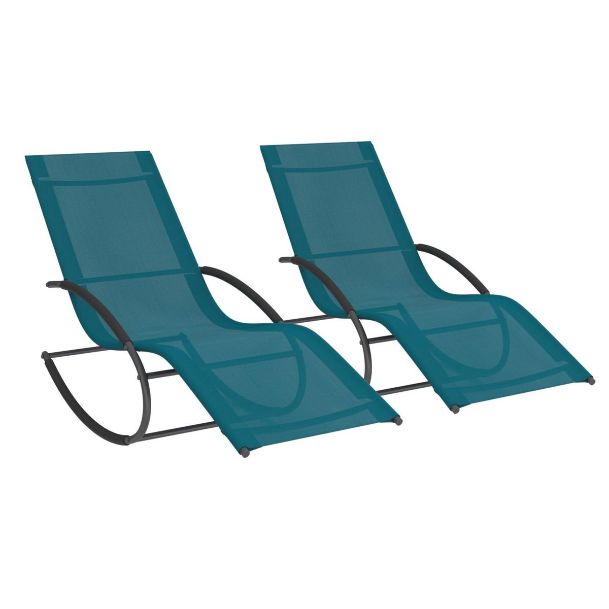 ID MARKET Lot de 2 chaises longues - transat de jardin à bascule MALAWI gris anthracite et toile bleu canard