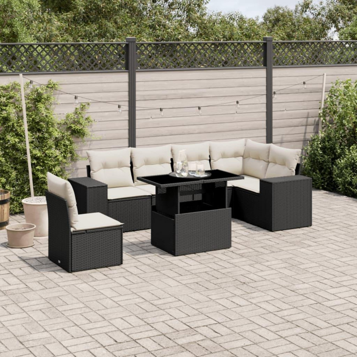 VIDAXL Salon de jardin 7 pcs avec coussins noir resine tressee