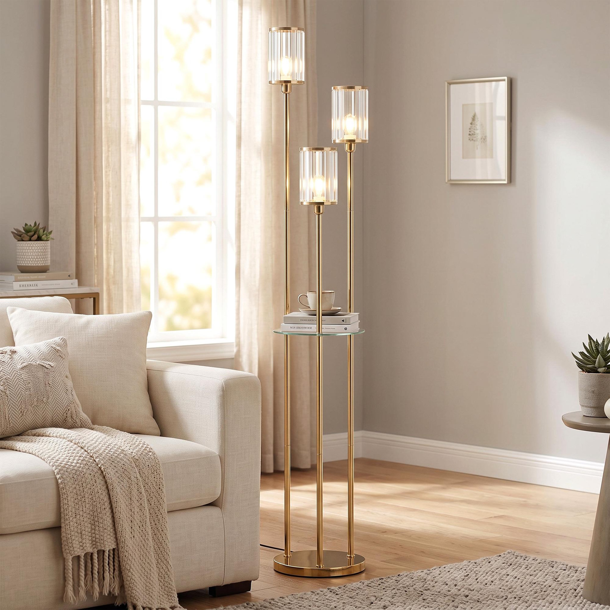 Voir la diapositive 4 : HOMCOM Lampadaire étagère style Art déco 3 abat-jours lanternes métal doré verre