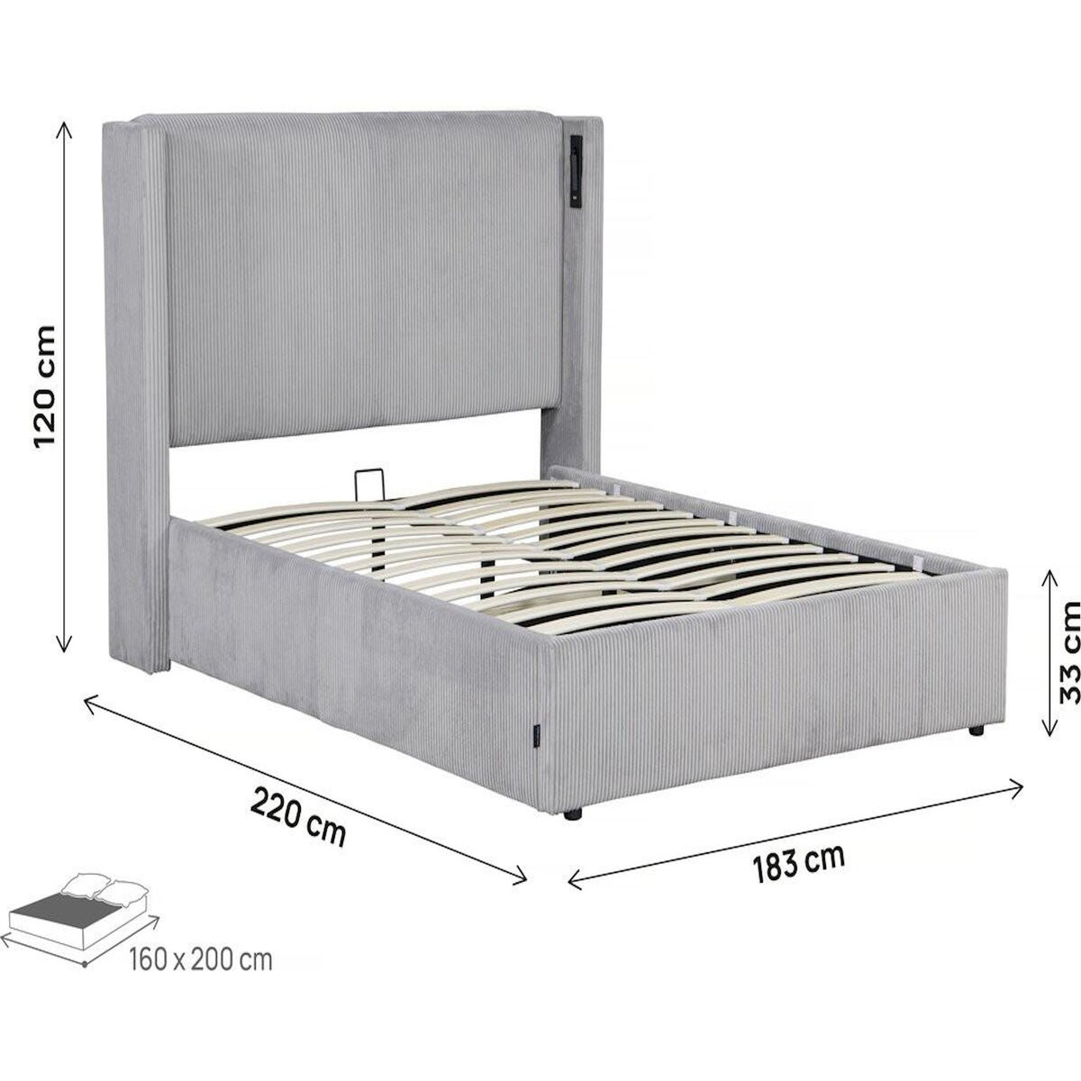 Habitat et Jardin Lit double en velours côtelé avec coffre et lampe intégré  Cortina  - 160 x 200 cm - Gris