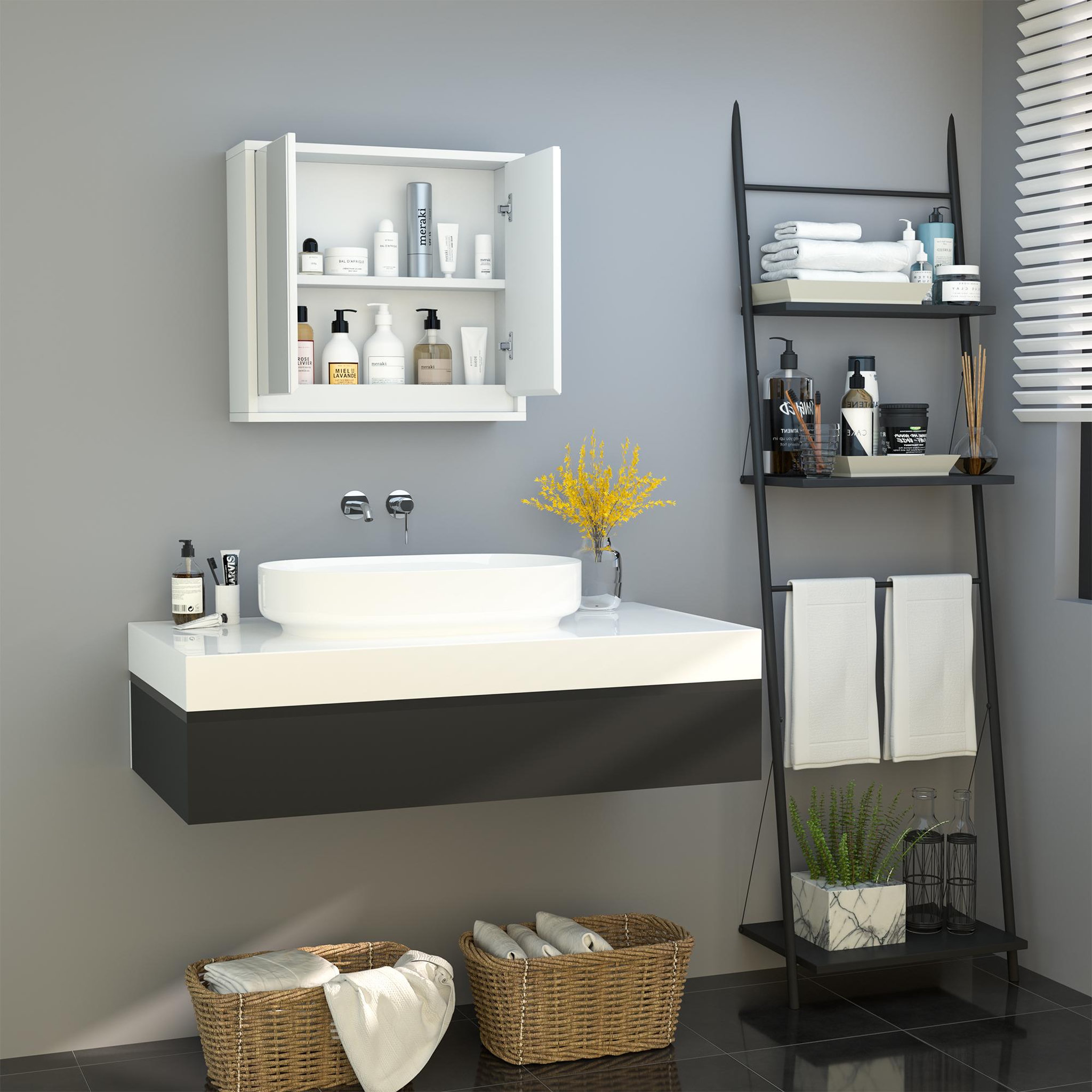 Voir la diapositive 4 : HOMCOM Armoire murale miroir salle de bain 2 étagères dim. 48l x 14l x 45h cm panneaux particules mdf blanc