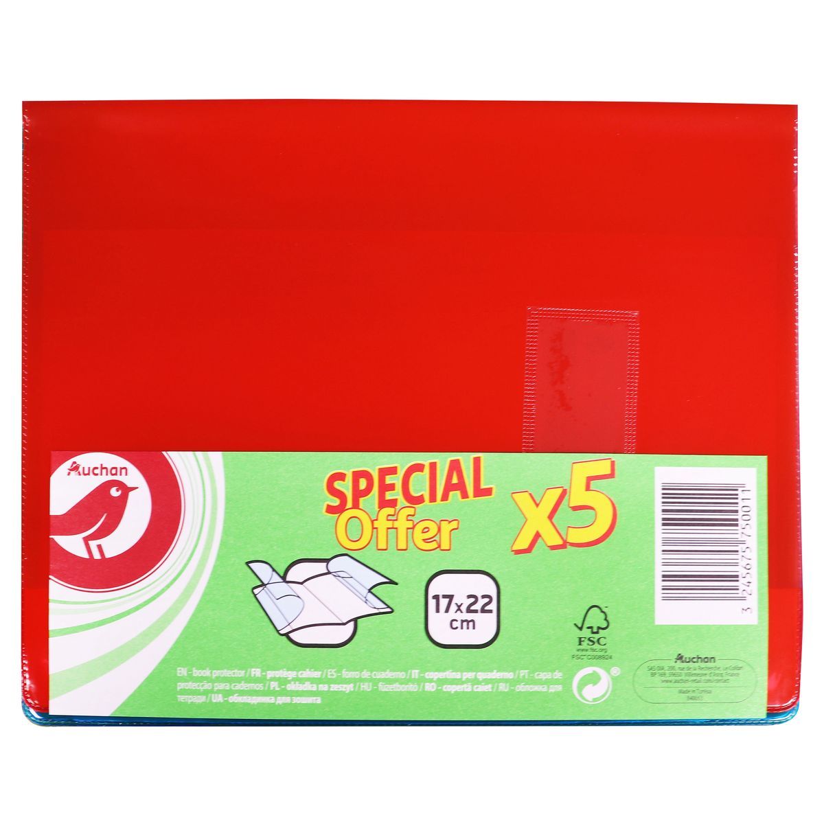 AUCHAN Lot de 5 protèges cahiers 17x22cm à rabats translucides
