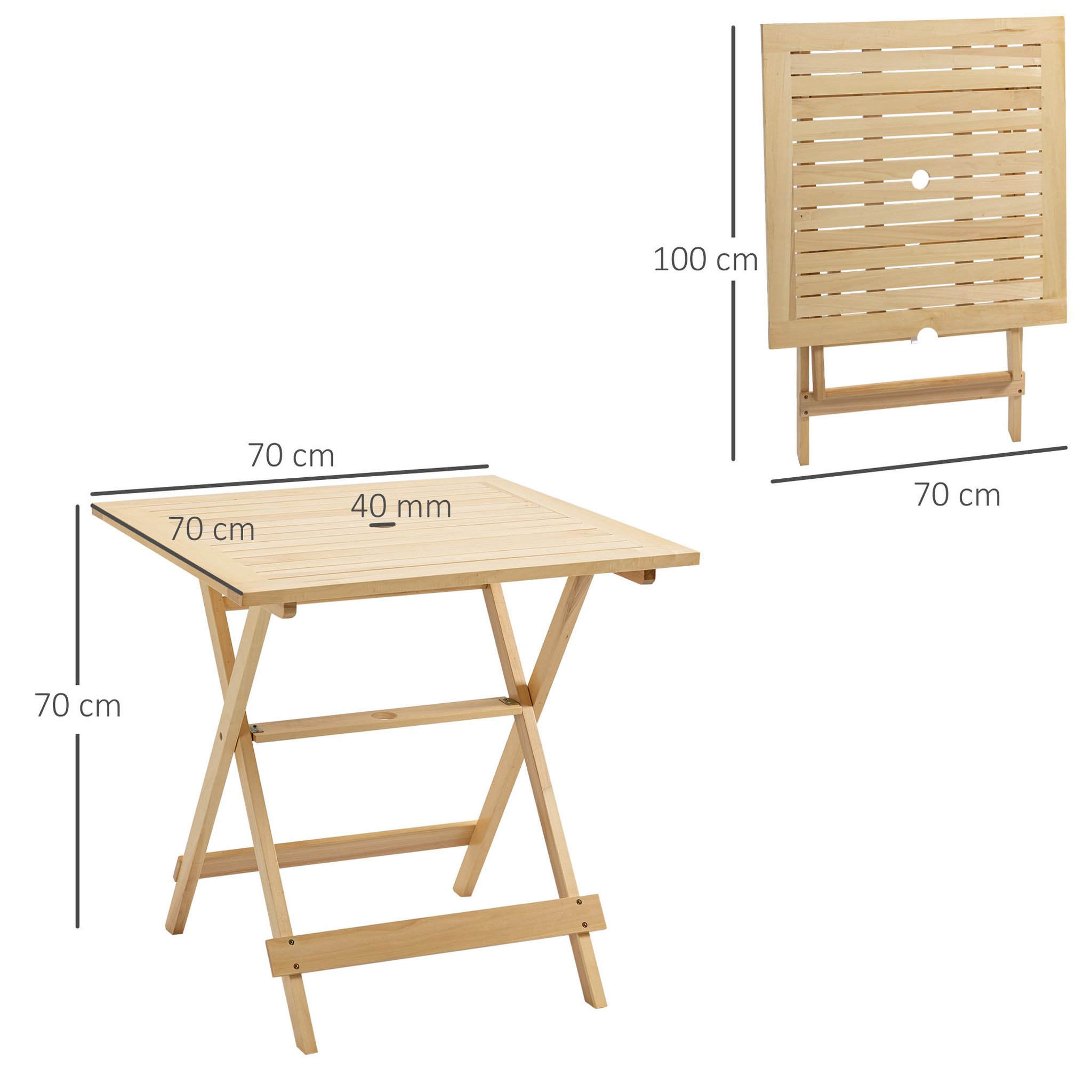 Voir la diapositive 3 : OUTSUNNY Table de jardin camping pliable plateau à lattes dim. 70L x 70l x 70H cm espace parasol bois sapin pré-huilé