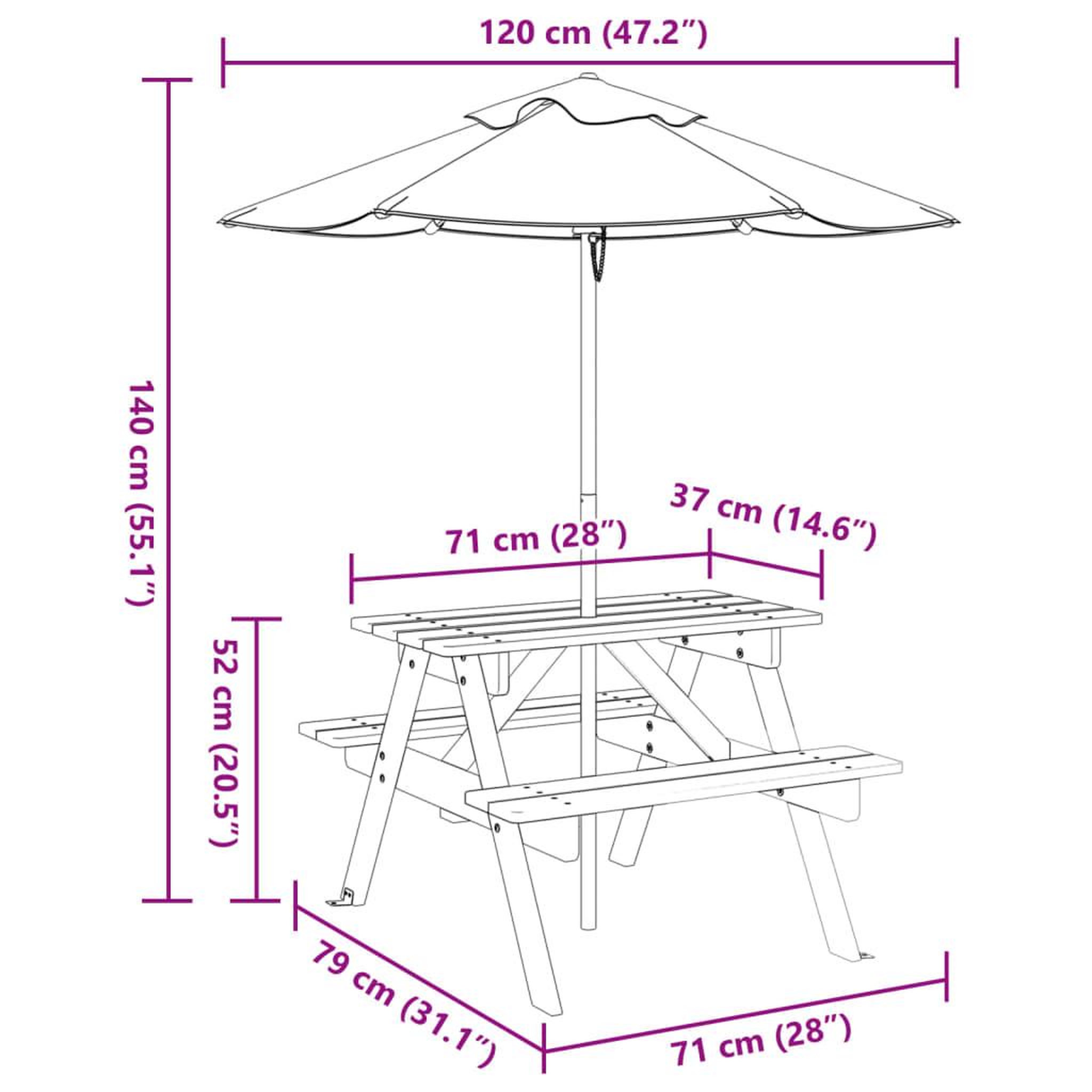 Voir la diapositive 6 : VIDAXL Table de pique-nique pour 4 enfants avec parasol bois de sapin