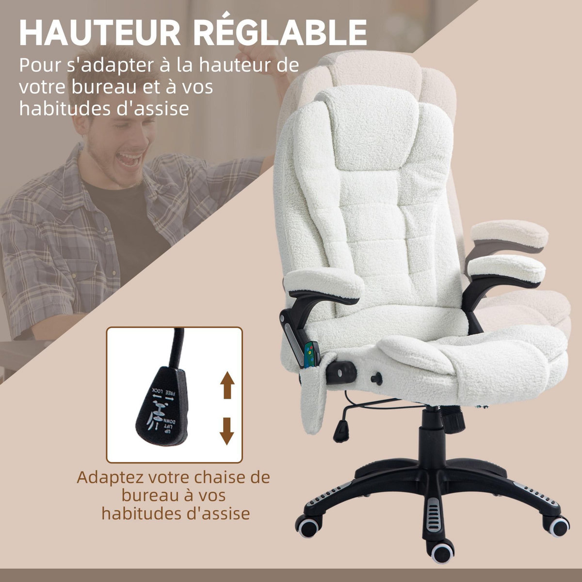 VINSETTO Fauteuil de bureau direction massant chauffant hauteur réglable dossier inclinable effet laine bouclée blanc