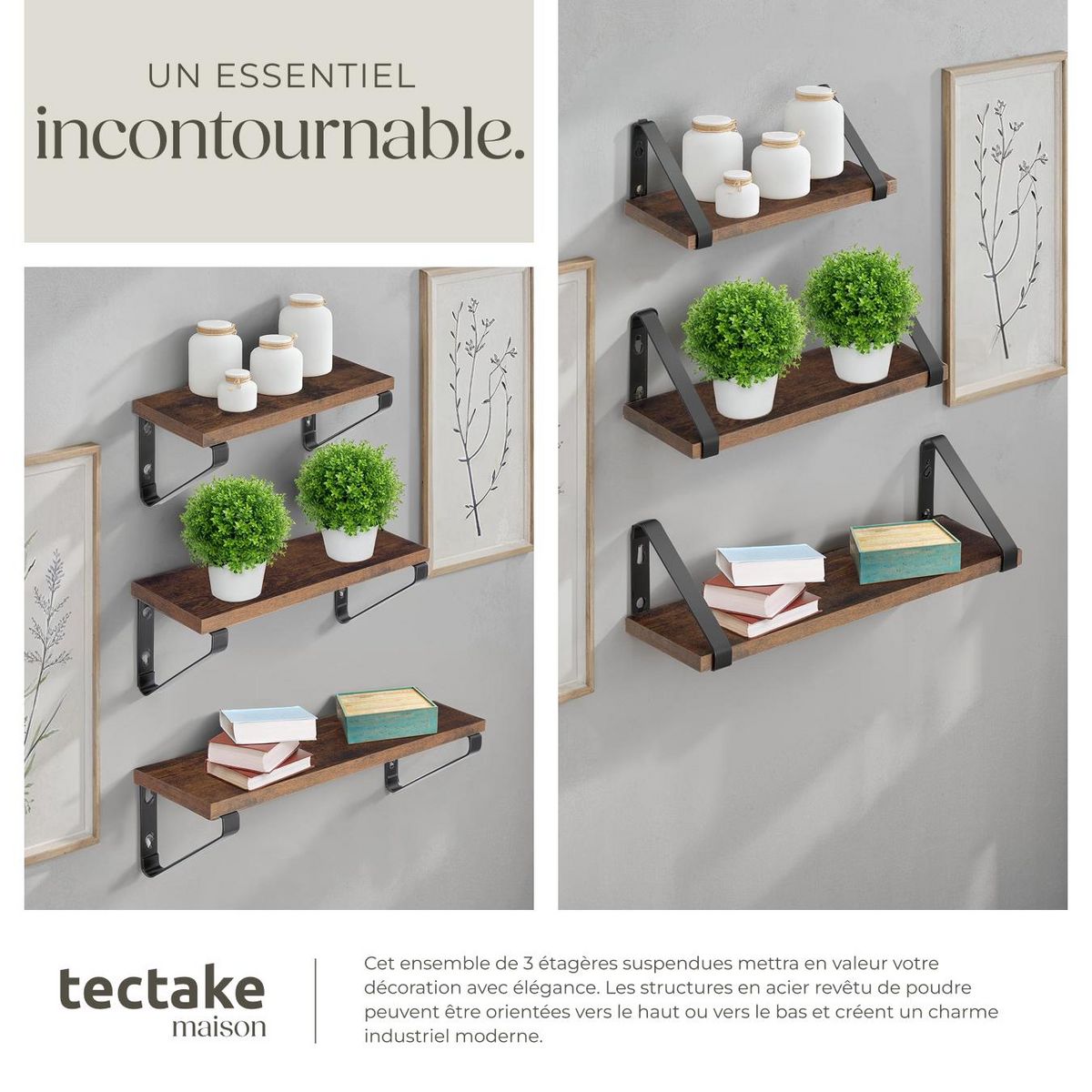 tectake Lot de 3 étagères murales design style industriel Bois foncé industriel, rustique