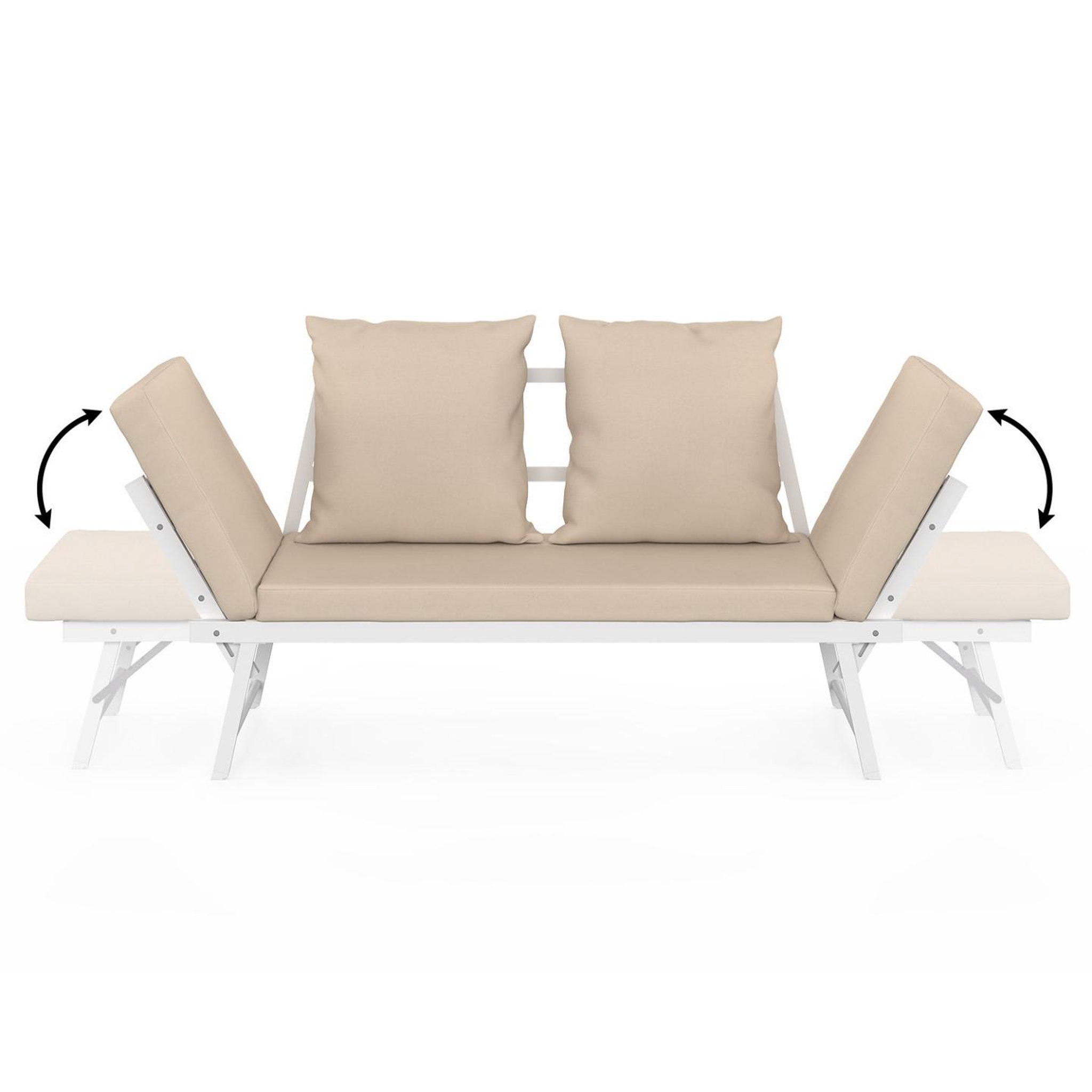 Voir la diapositive 6 : ID MARKET Canapé de jardin, banquette convertible nola 2/3 places avec accoudoirs inclinables métal blanc et coussins beige