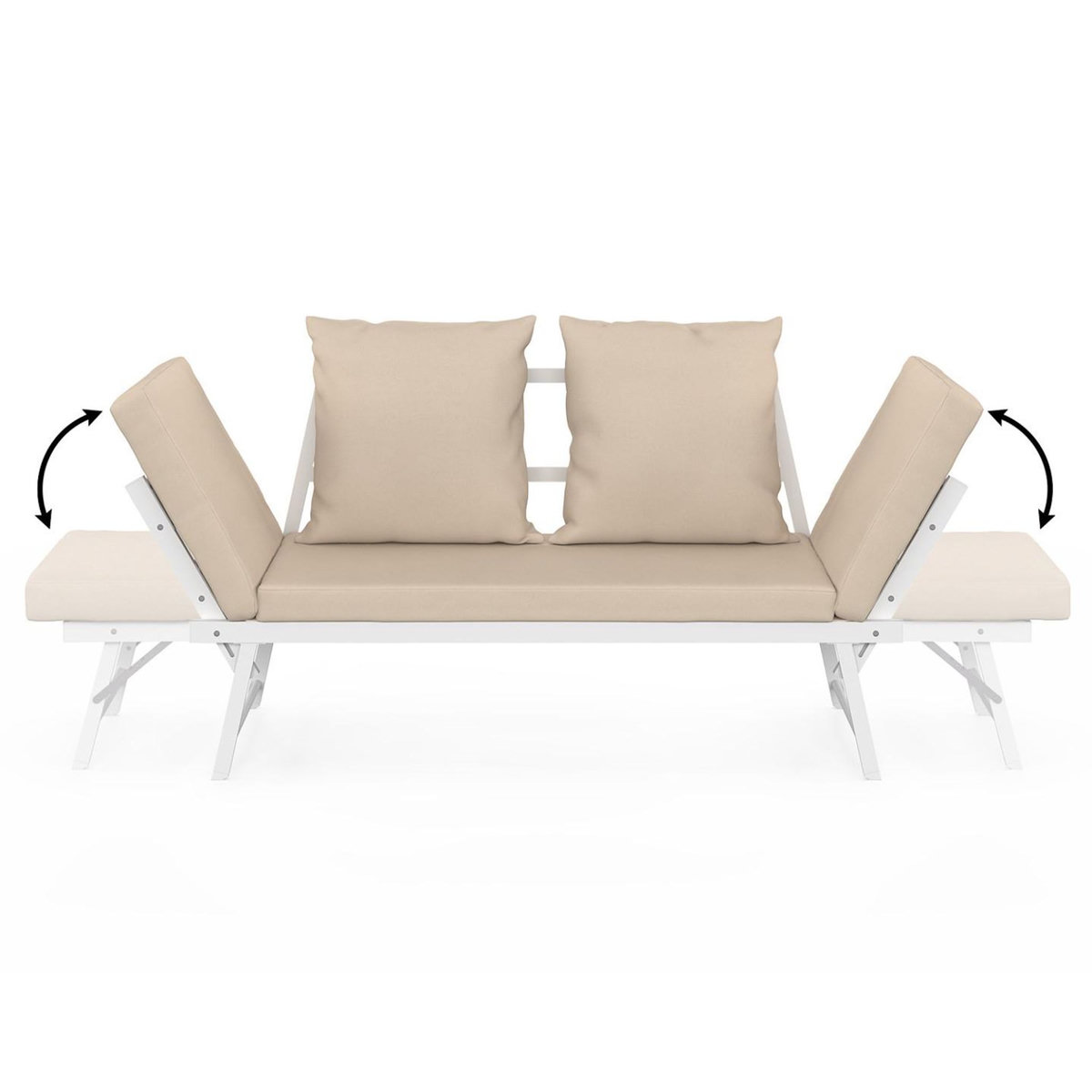 ID MARKET Canapé de jardin, banquette convertible NOLA 2/3 places avec accoudoirs inclinables métal blanc et coussins beige