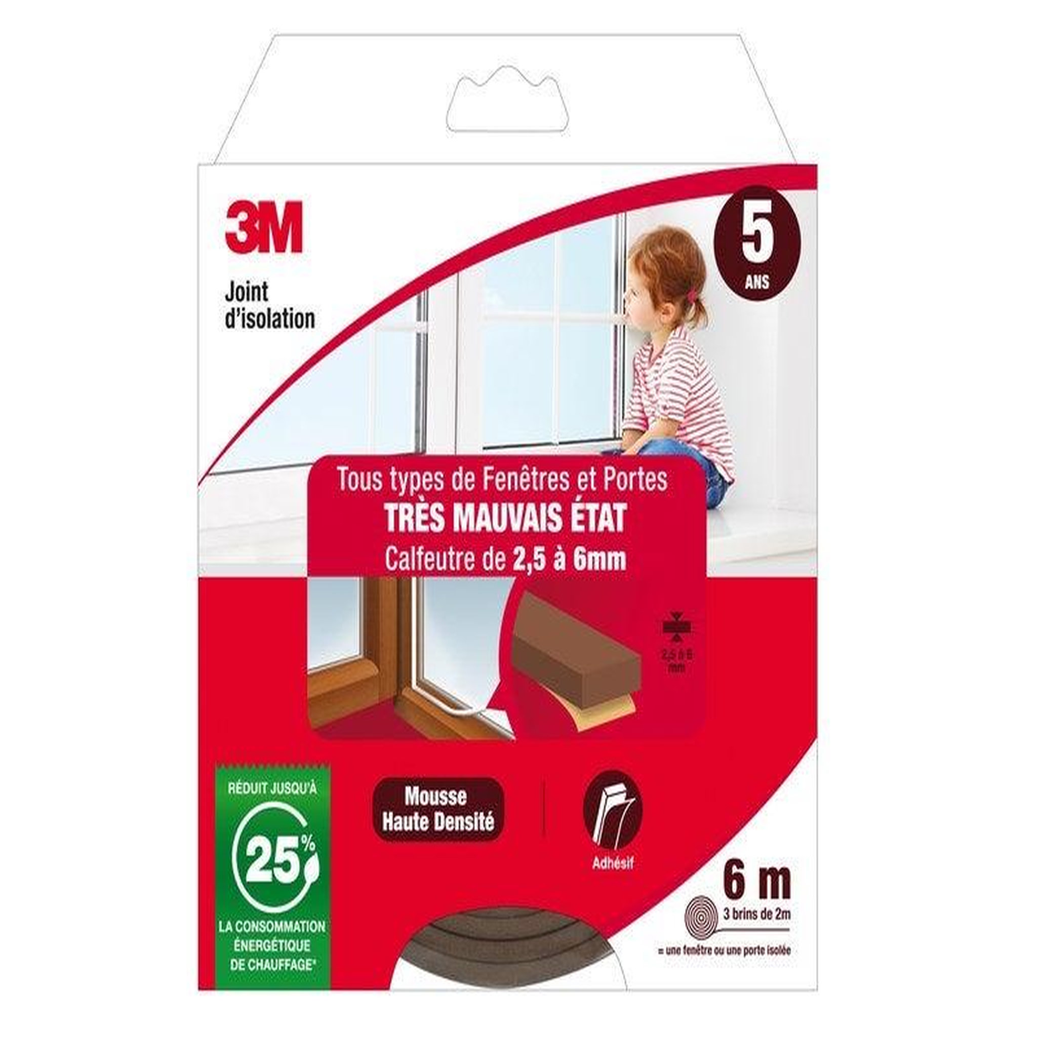 3M Joint Porte/Fenêtre Universel Très Mauvais Etat 2,5 À 6 mm X 6m Marron