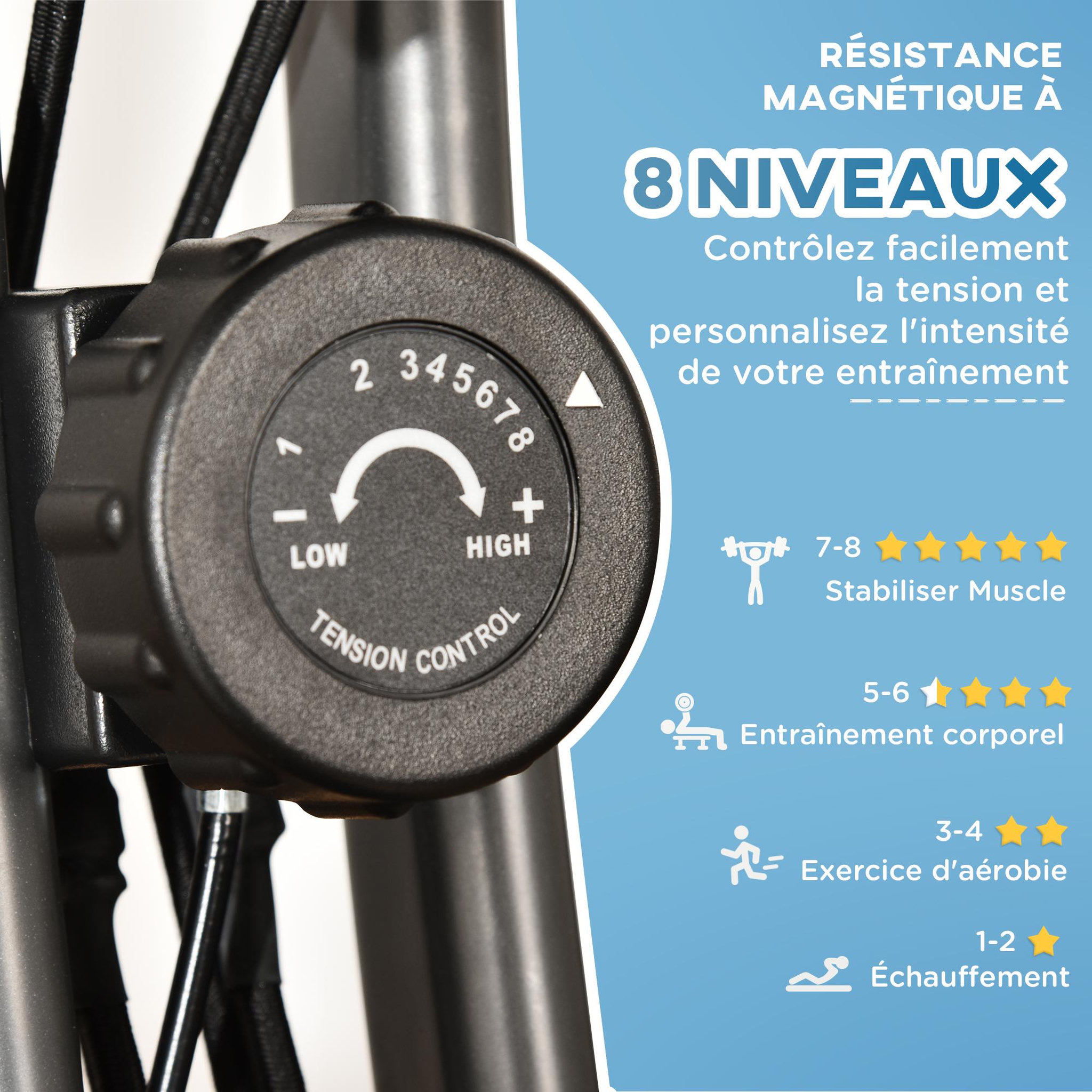 Voir la diapositive 6 : HOMCOM Vélo d'appartement pliant 8 niveaux de résistance magnétique dossier selle réglable poignées ergonomiques écran LCD multifonction suspensions support tablette acier