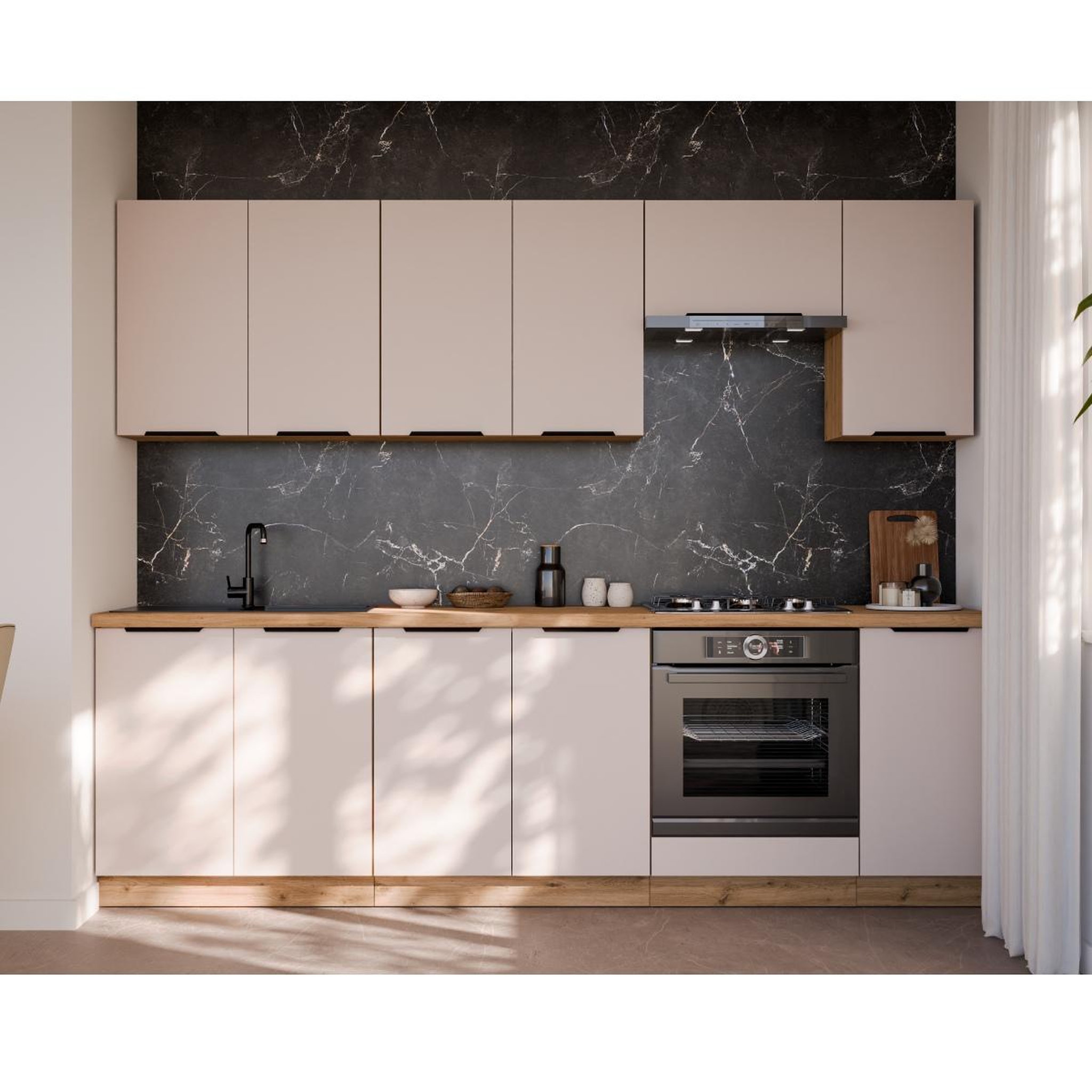 Voir la diapositive 2 : JLC KREATION Cuisine complète moderne beige et bois 260cm ELISA