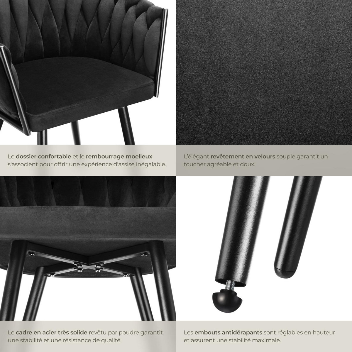 tectake Lot de chaises de salle à manger rembourrée avec revêtement en velours et design noué noir Lot de 2