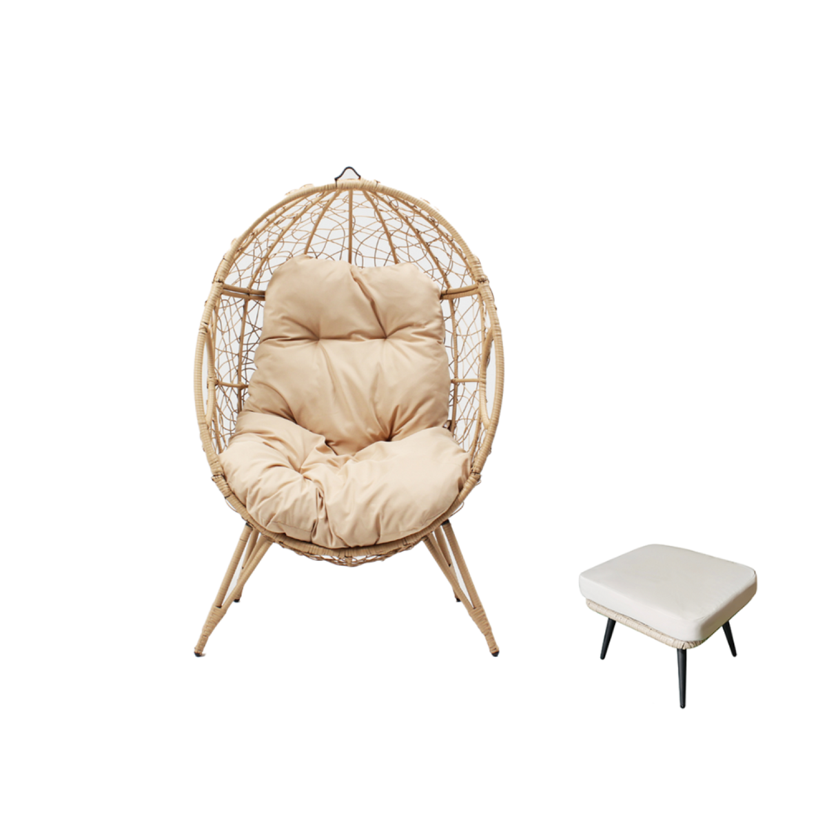 CONCEPT USINE Ensemble d'extérieur : fauteuil suspendu effet rotin et repose-pieds avec coussin beige JANE