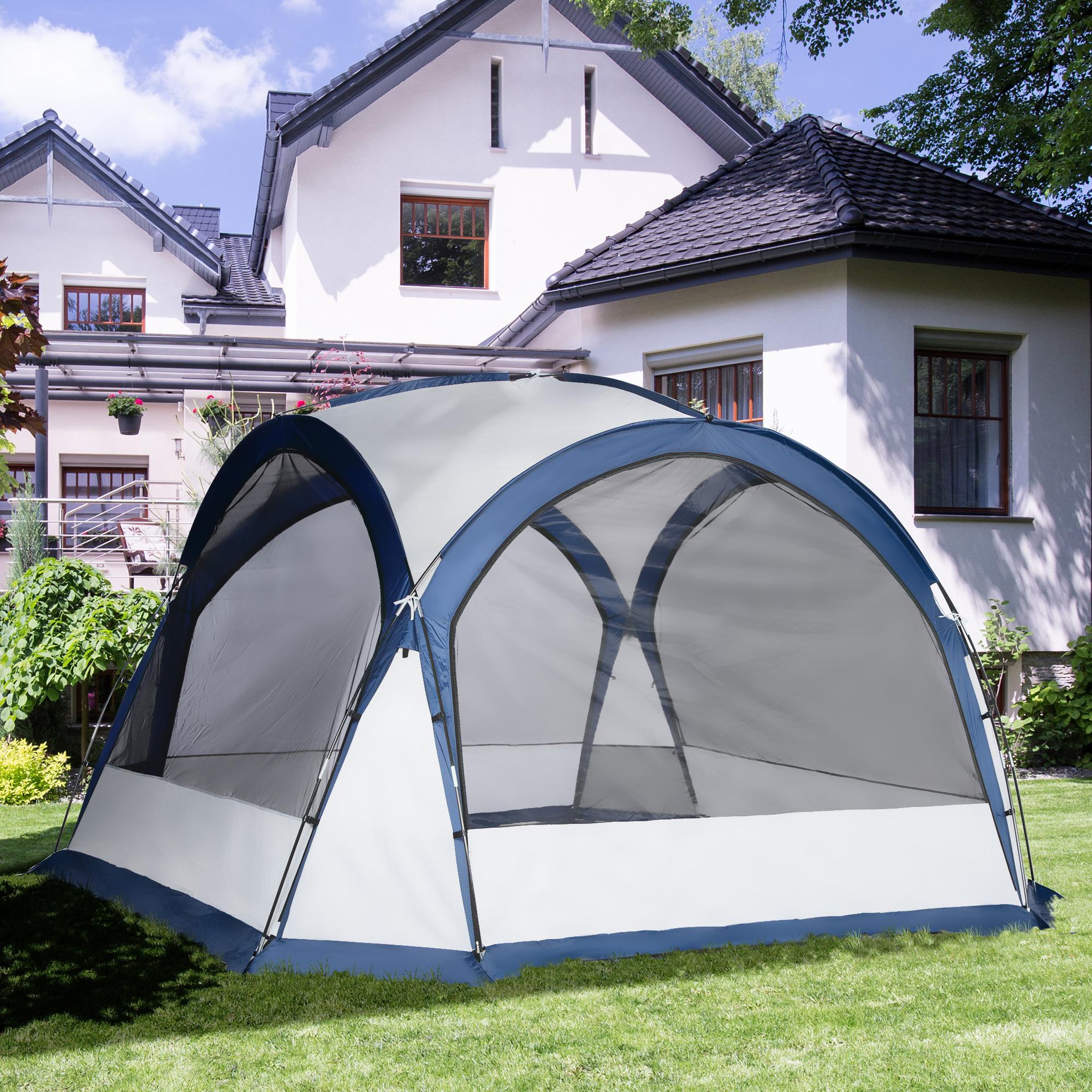 Voir la diapositive 4 : OUTSUNNY Tente de camping dôme familiale 6-8 personnes - 4 portes en filet zippées, tissu oxford amovible, crochet lampe, sac de transport - dim. 350l x 350l x 230h cm - blanc bleu