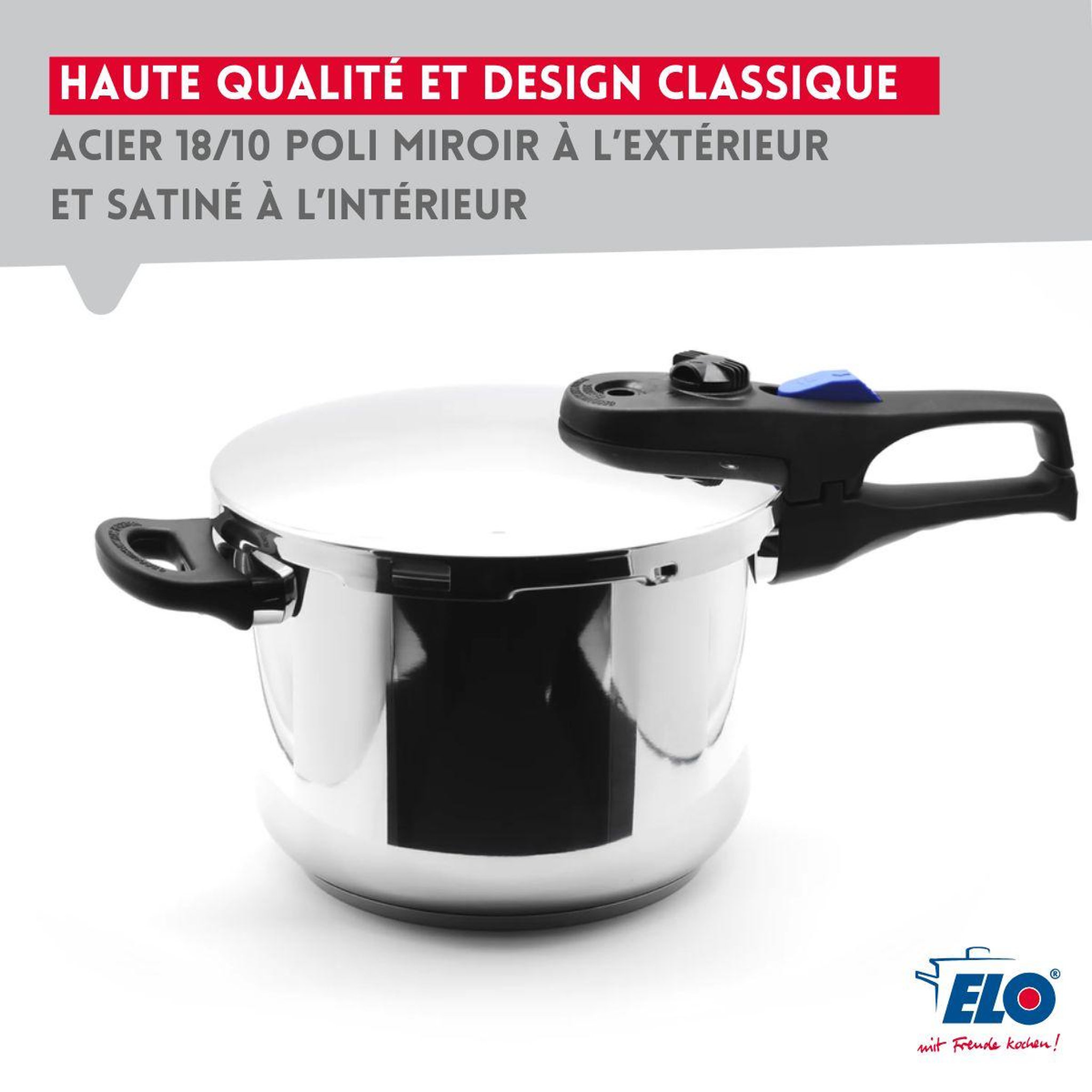 Voir la diapositive 5 : ELO Autocuiseur vapeur en acier inoxydable 18/10 22 cm 3 à 6 litres elo praktika plus xl