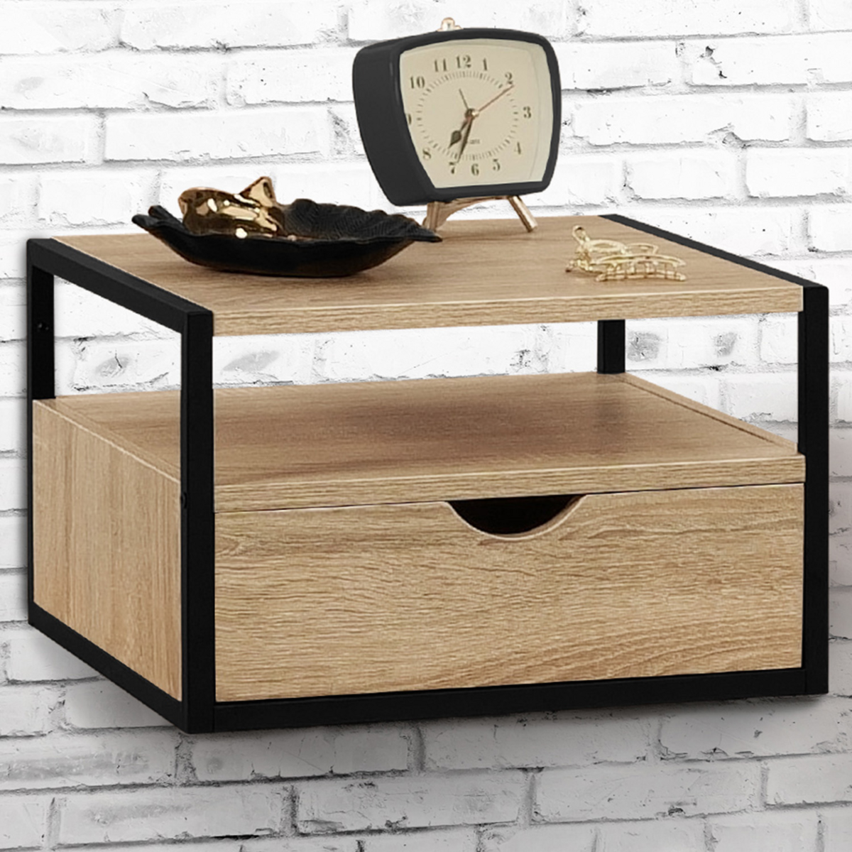 ID MARKET Lot de 2 tables de chevet murales DETROIT 1 tiroir + 1 tablette suspendus bois et métal noir design industriel