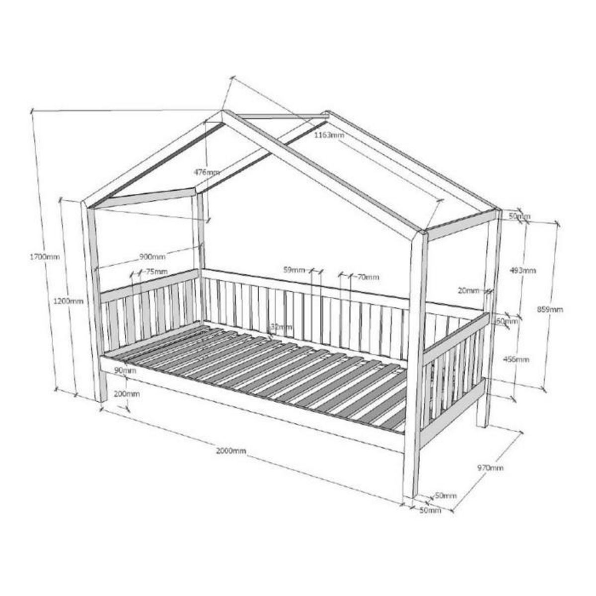 Paris Prix Pack - Lit Enfant Cabane & Matelas  Dallas II  90x200cm Naturel