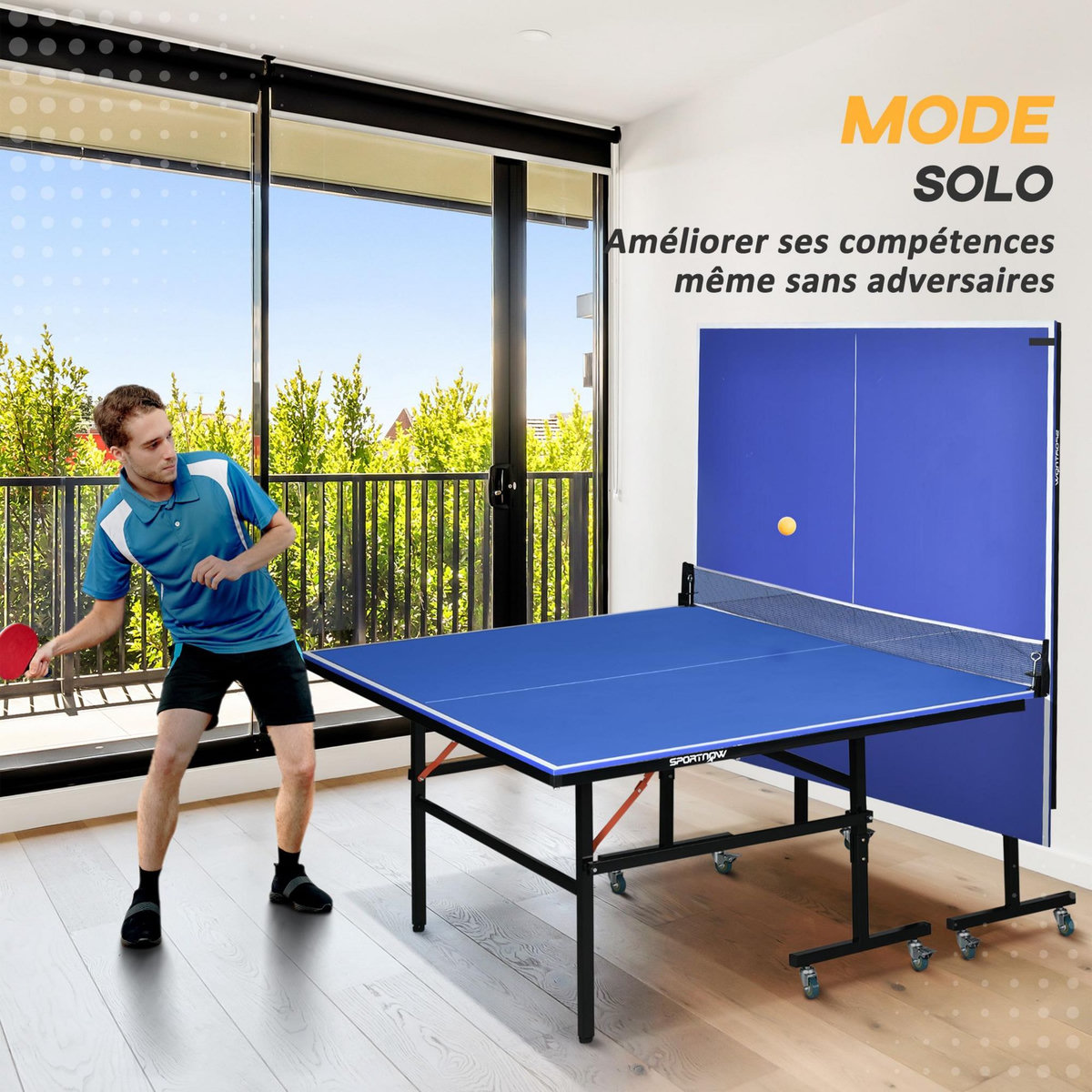 HOMCOM Table de ping pong tennis de table pliable 8 roues - filet, 2 raquettes, 3 balles inclus - noir bleu