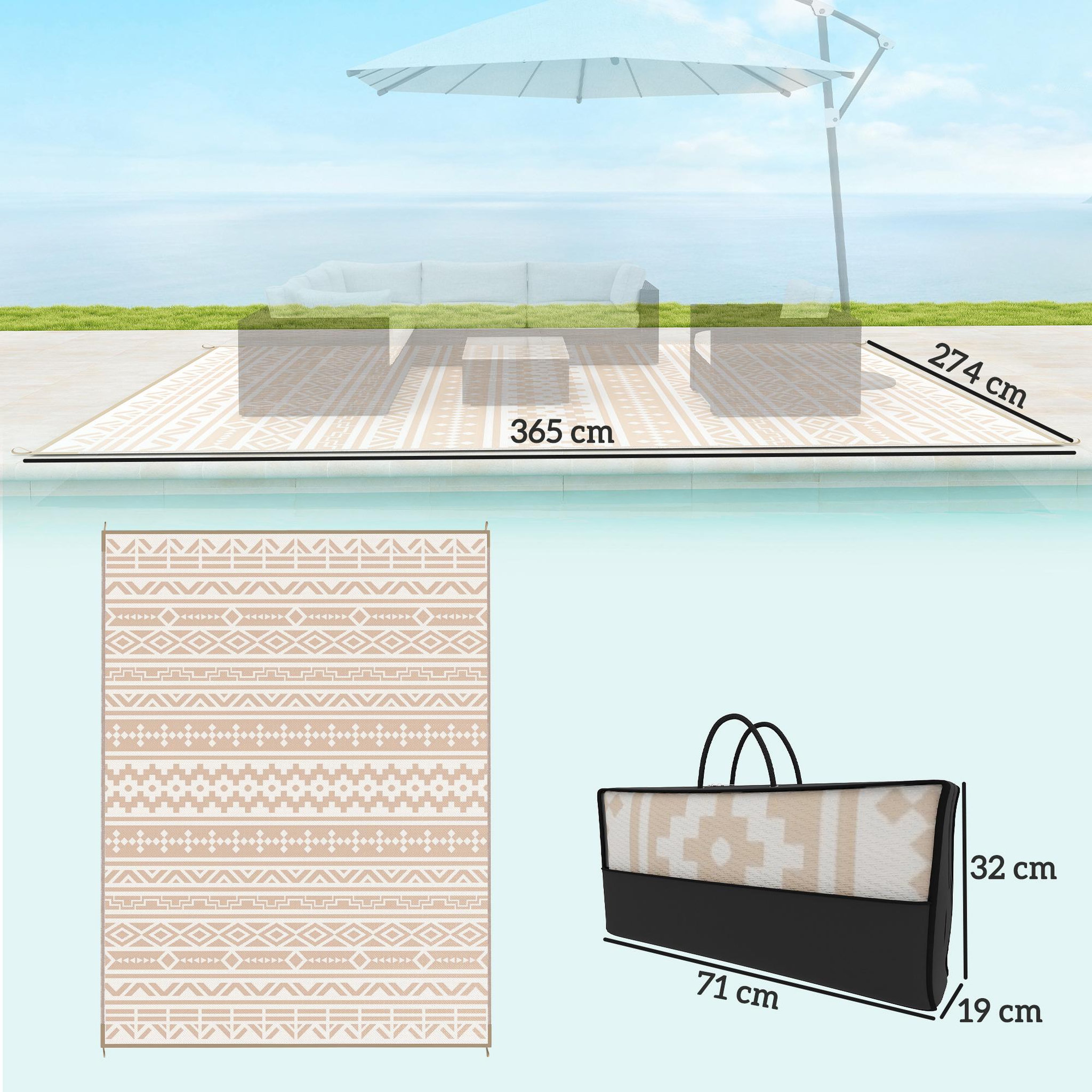 Voir la diapositive 3 : OUTSUNNY Tapis d'extérieur réversible motif graphique dim. 3,7 x 2,7 m sac transport inclus kaki beige