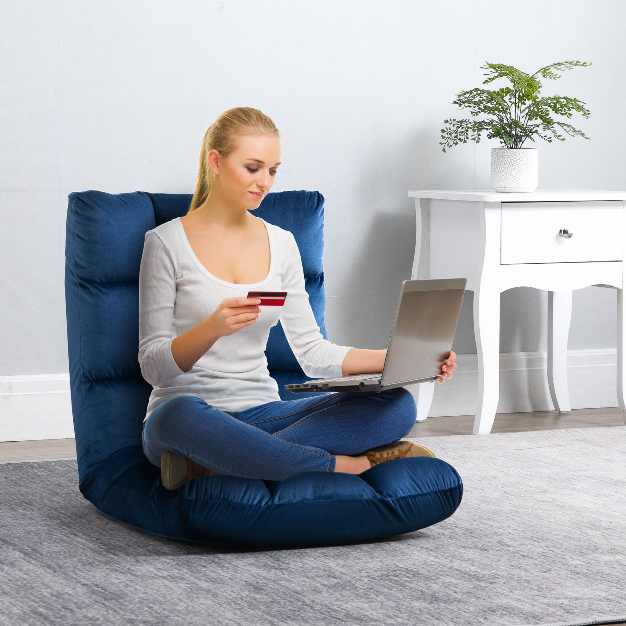 Voir la diapositive 2 : HOMCOM Fauteuil convertible fauteuil paresseux grand confort inclinaison dossier multipositions 90°-180° flanelle polyester capitonné bleu roi