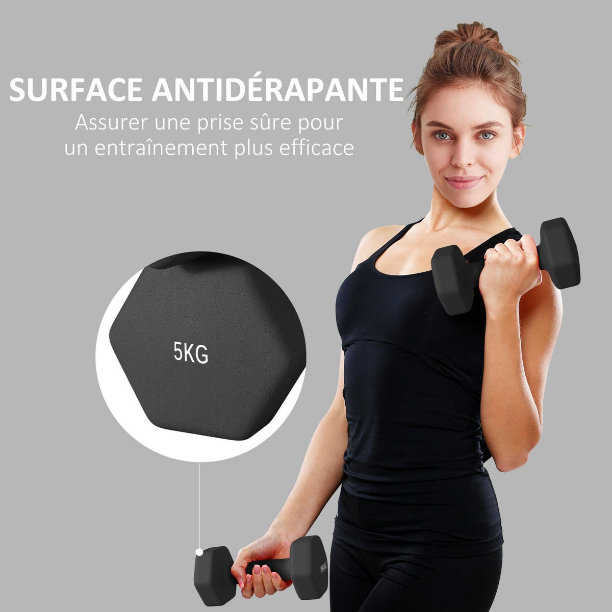 HOMCOM Lot de 2 haltères hexagonales 2 x 5 Kg - poignée antidérapante - métal PVC noir