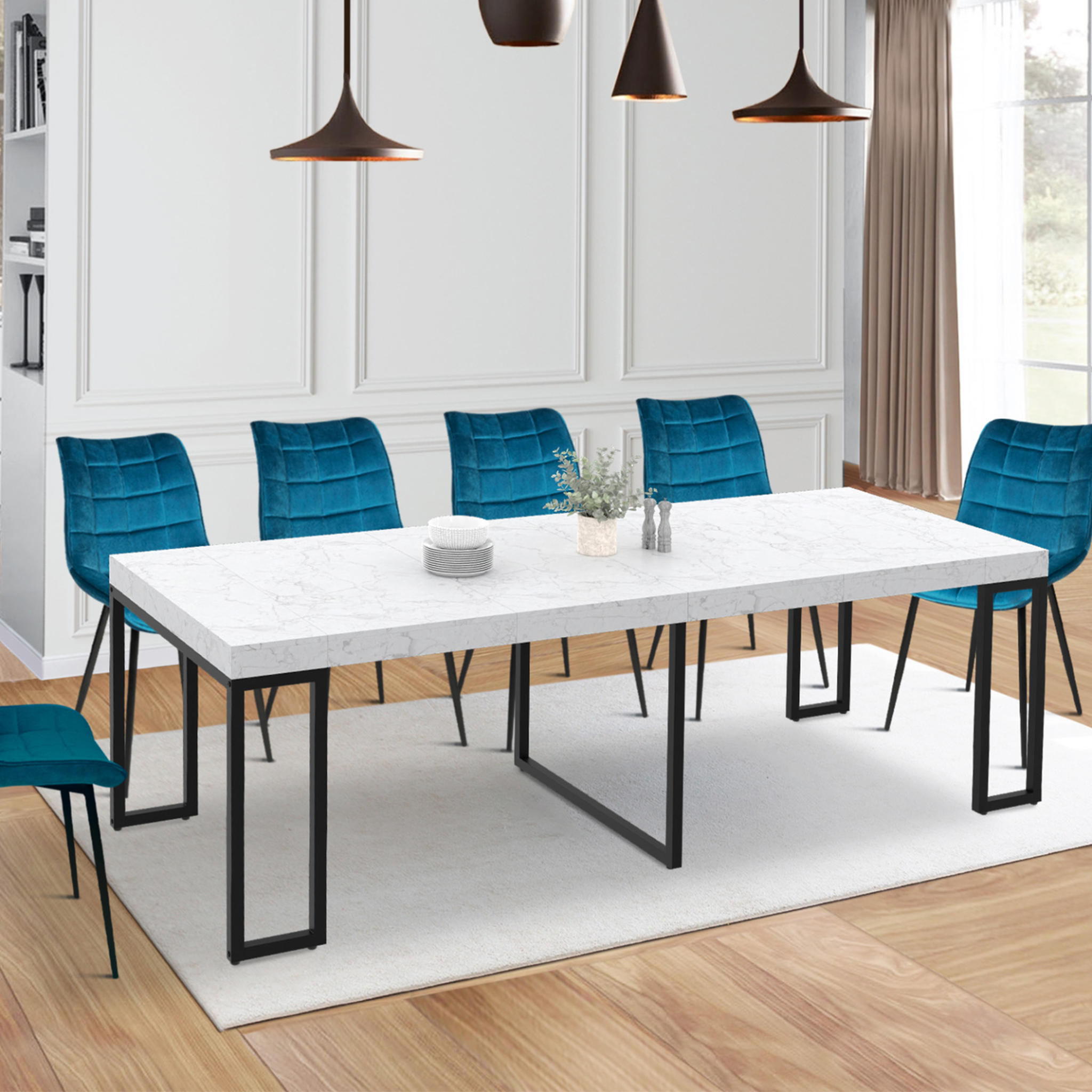 Voir la diapositive 2 : ID MARKET Table console extensible 10 personnes 235 cm plateau effet marbre blanc alaska