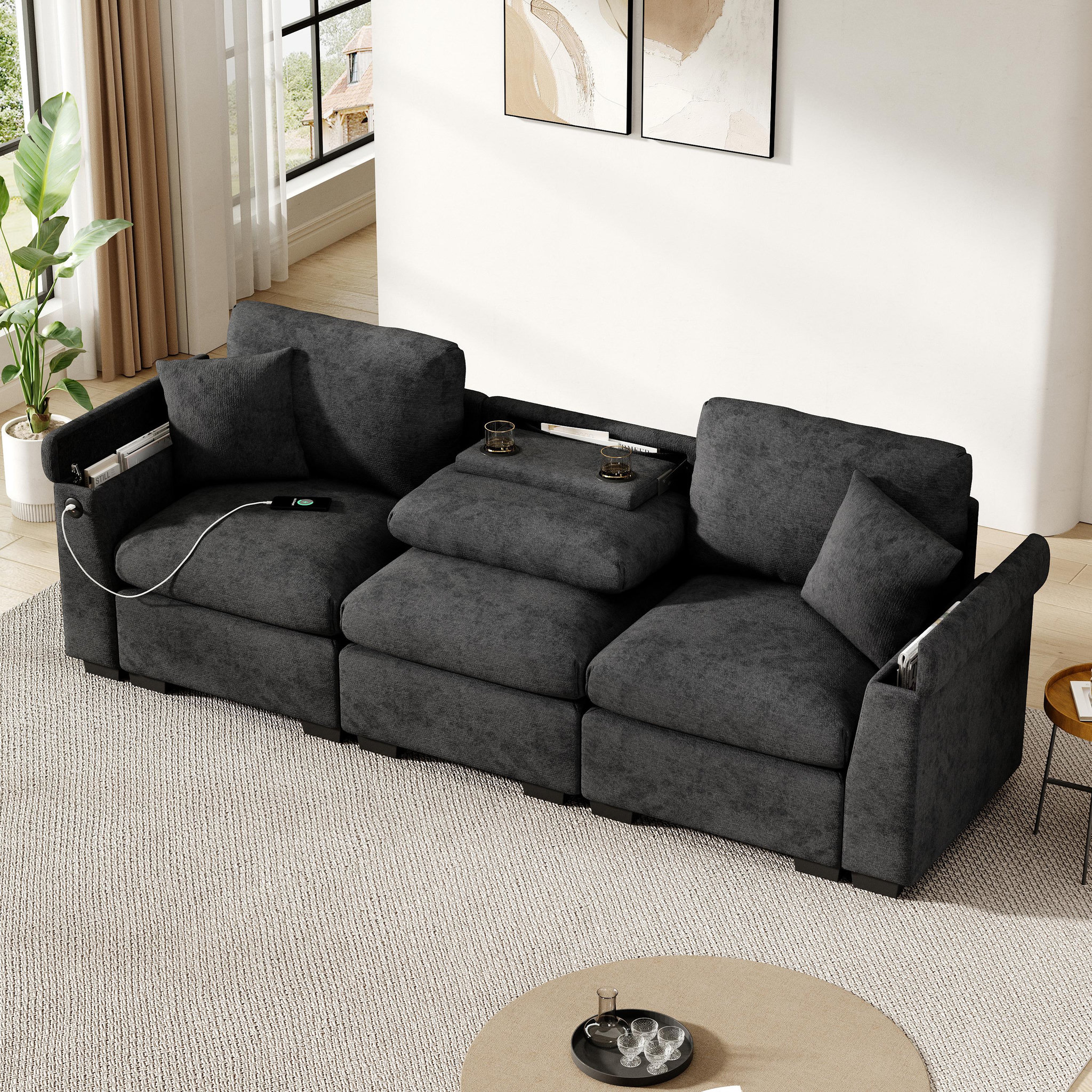 Voir la diapositive 5 : MERAX Canapé droit convertible 3 places tissu