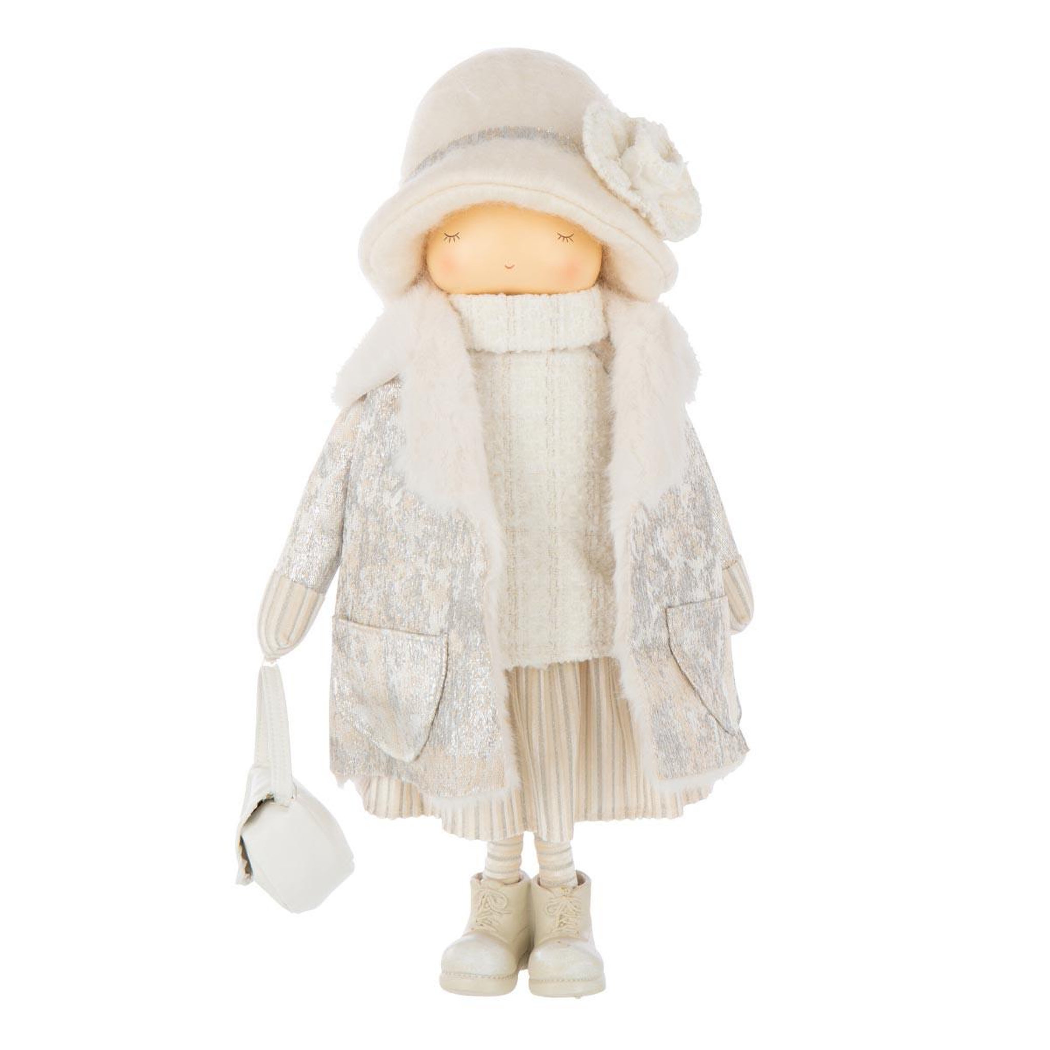 J-LINE Statuette fille en tissu  sac  46cm blanc cassé