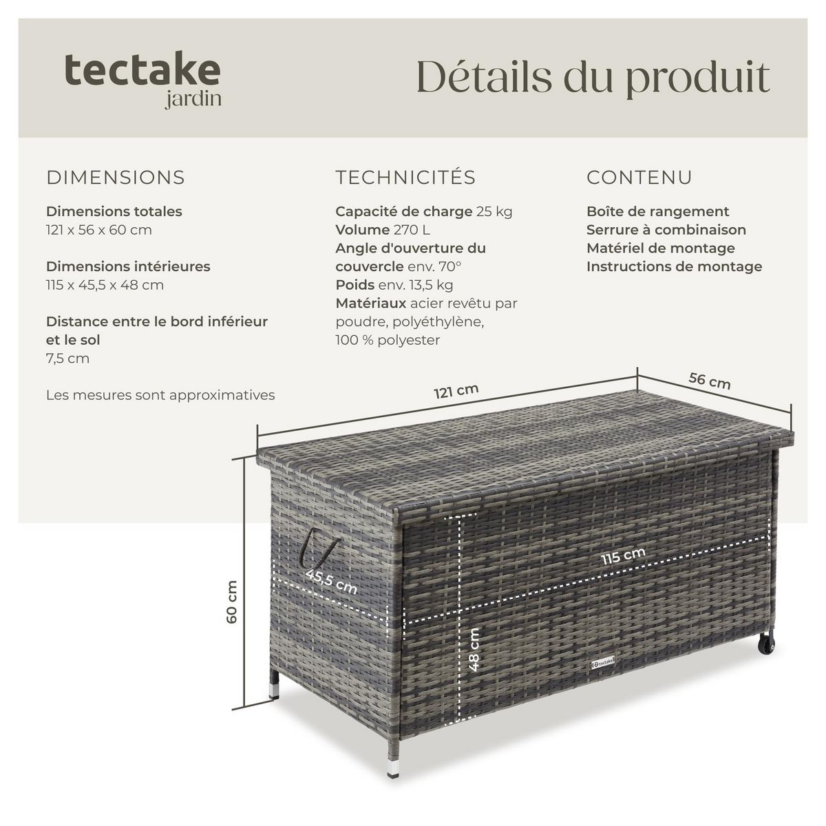 tectake Coffre de jardin pour coussins 270 l, avec tressage en rotin gris