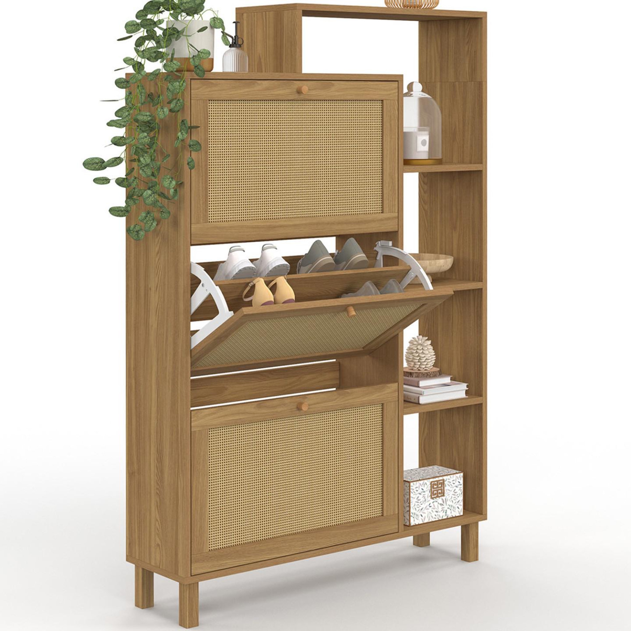 ID MARKET Meuble à chaussures 18 paires hanae 3 portes effet naturel cannage avec étagère