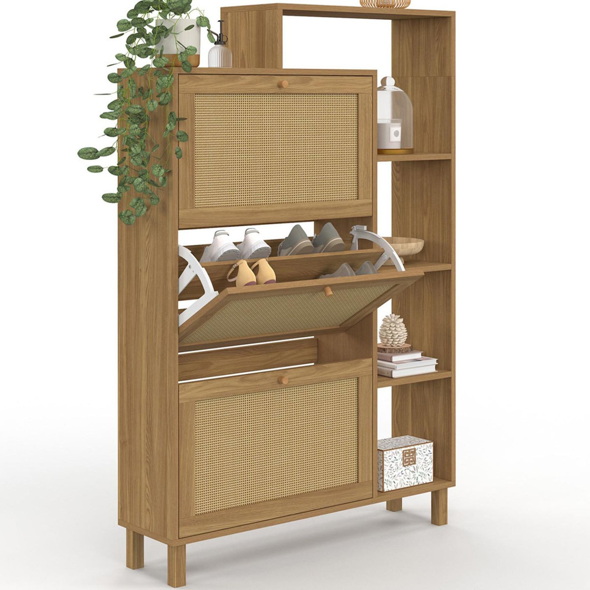 ID MARKET Meuble à chaussures 18 paires HANAE 3 portes effet naturel cannage avec étagère