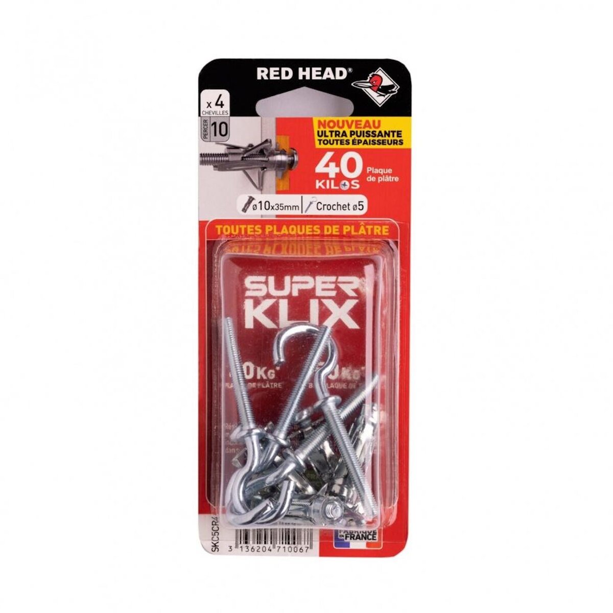 RED HEAD Lot de 4 chevilles Diam.10 x L.35 mm et crochet RED HEAD, Diam.5mm