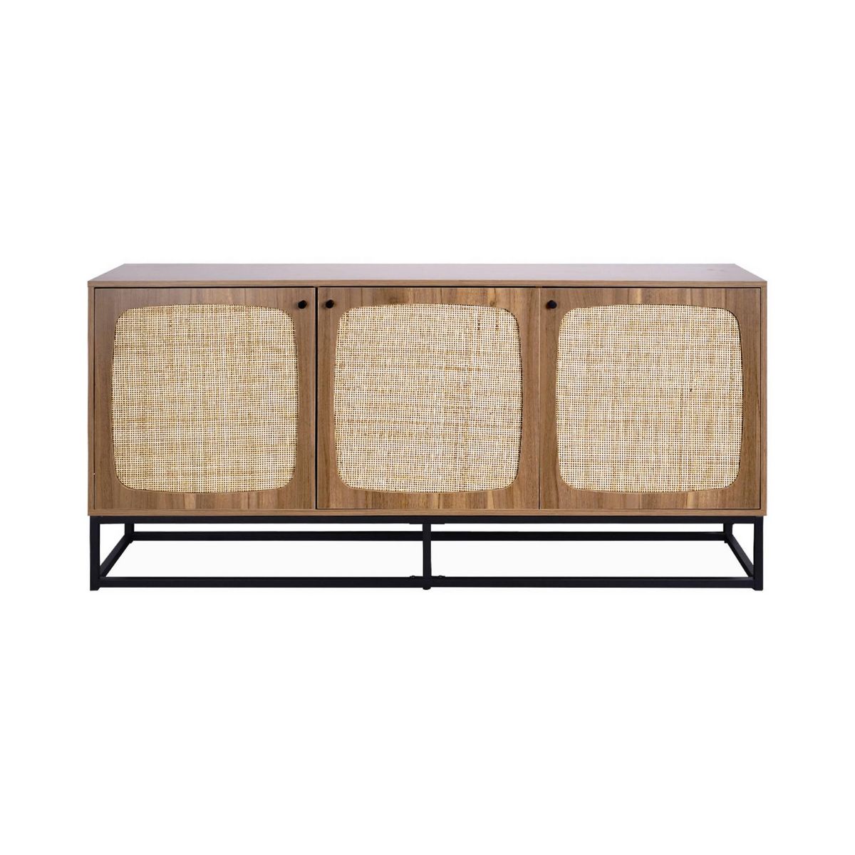 SWEEEK Buffet en décor bois et cannage arrondi. piètement et poignées en métal noir - 3 portes 160cm. buffet bas