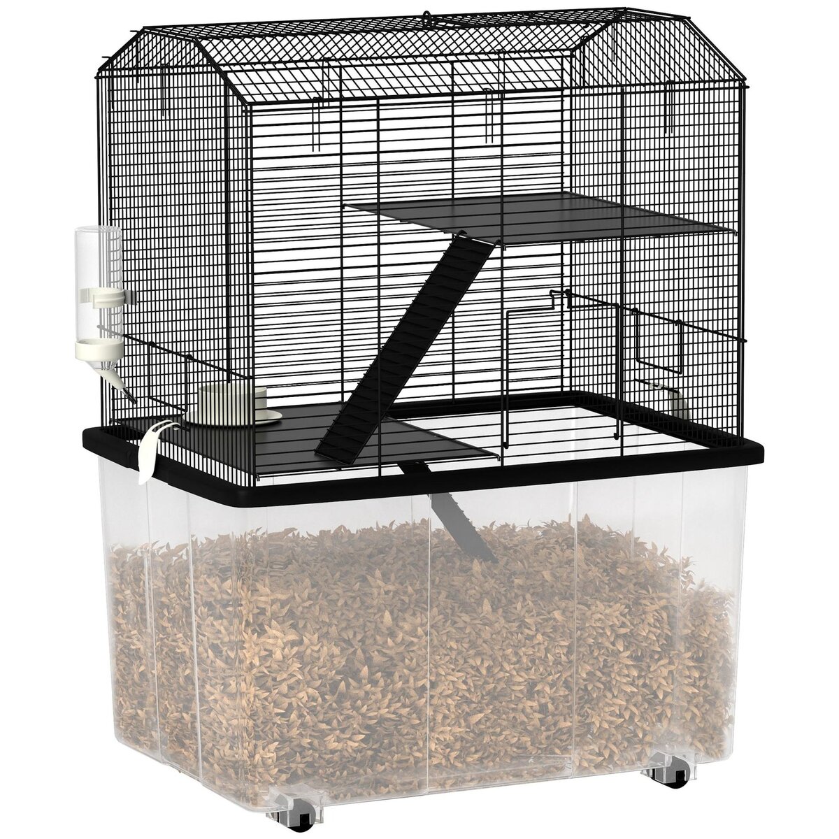 PAWHUT Cage rongeur hamster 3 étages - roulettes, plateforme, échelle, accessoires - PP transparent acier noir