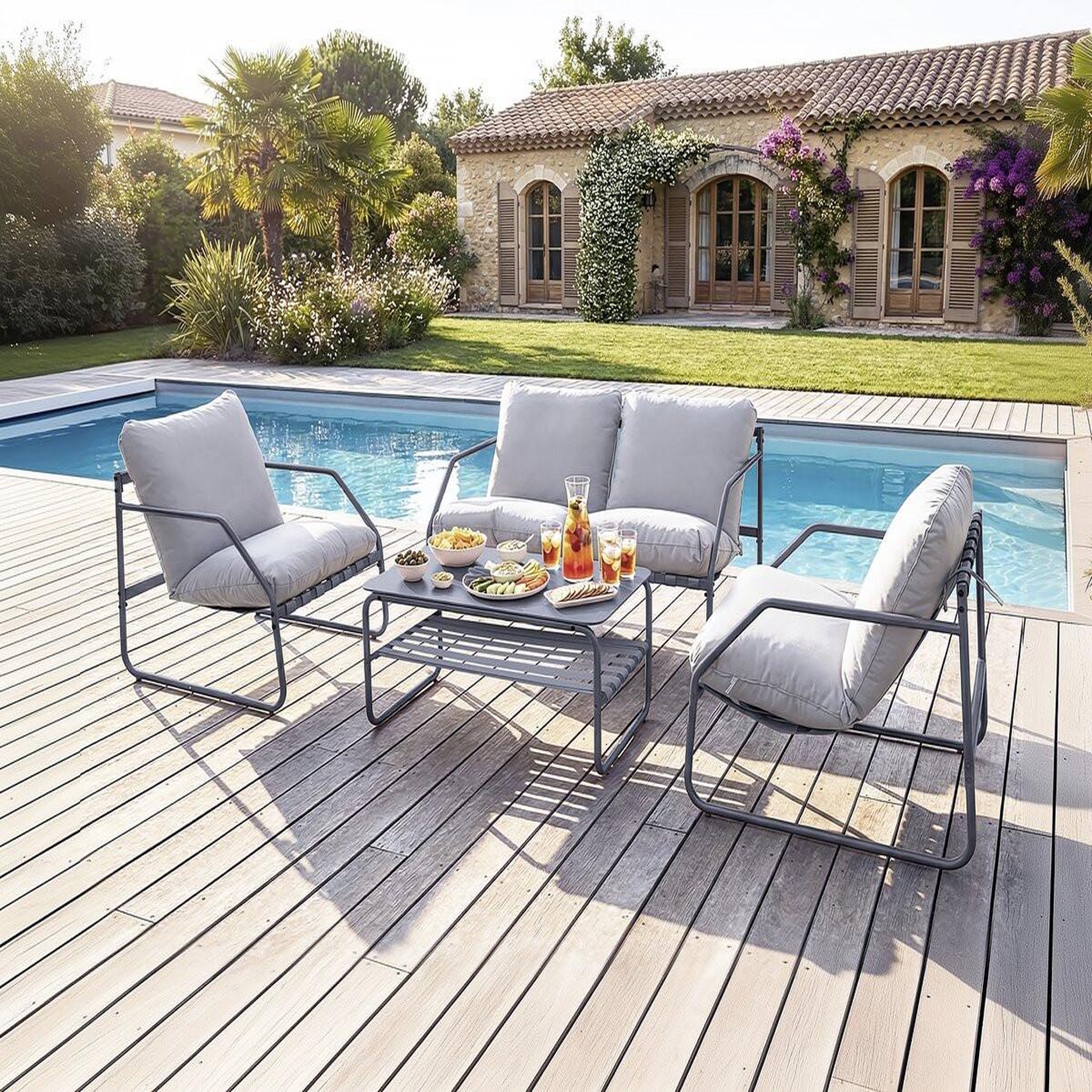 Voir la diapositive 2 : Habitat et Jardin Salon de jardin en métal avec coussins  sora  - 4 places - gris