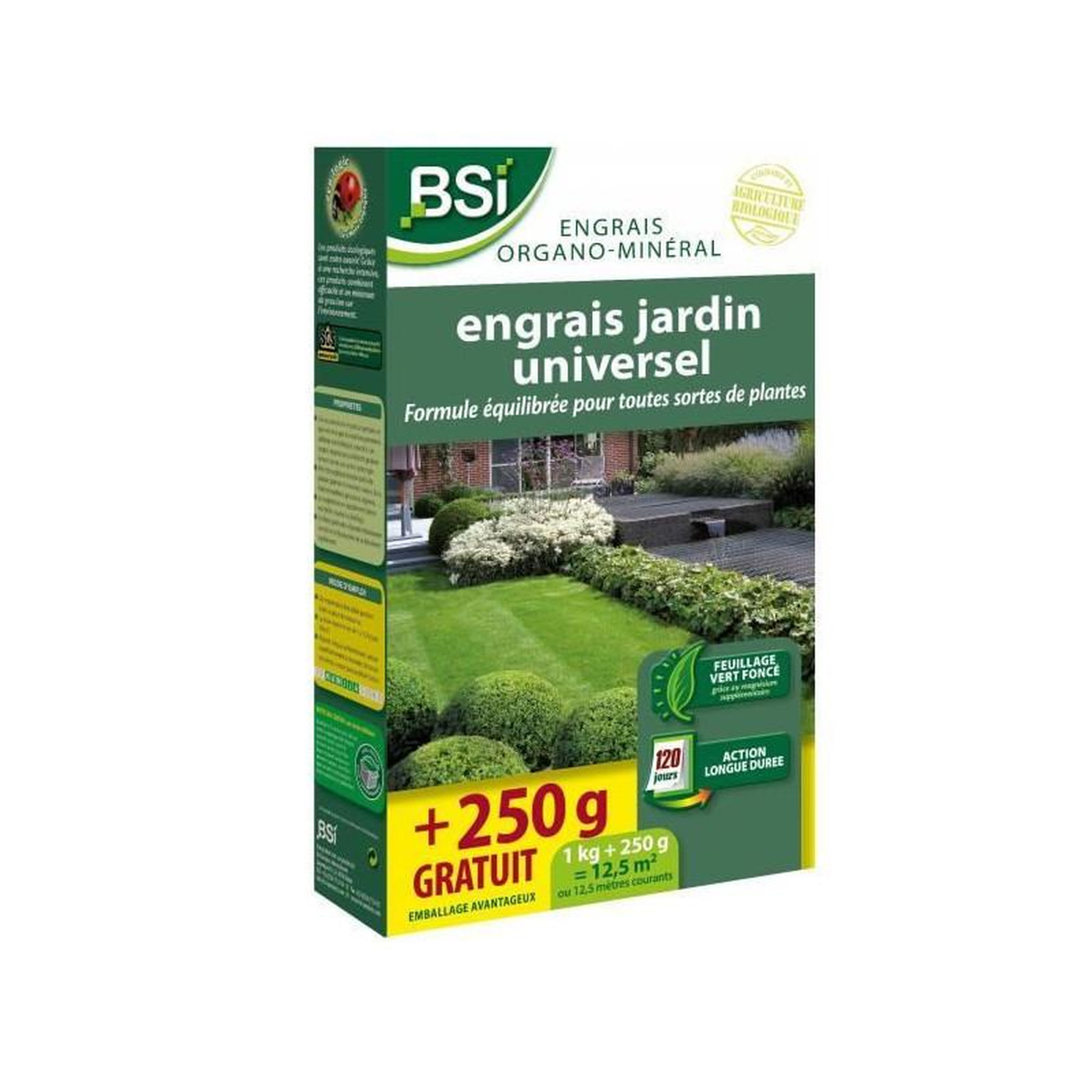 Bsi Engrais Bio universel - BSI - Végétaux multiples - Gazon, potager, fleurs - Action longue durée - 1Kg + 250g gratuit - 12,5 m
