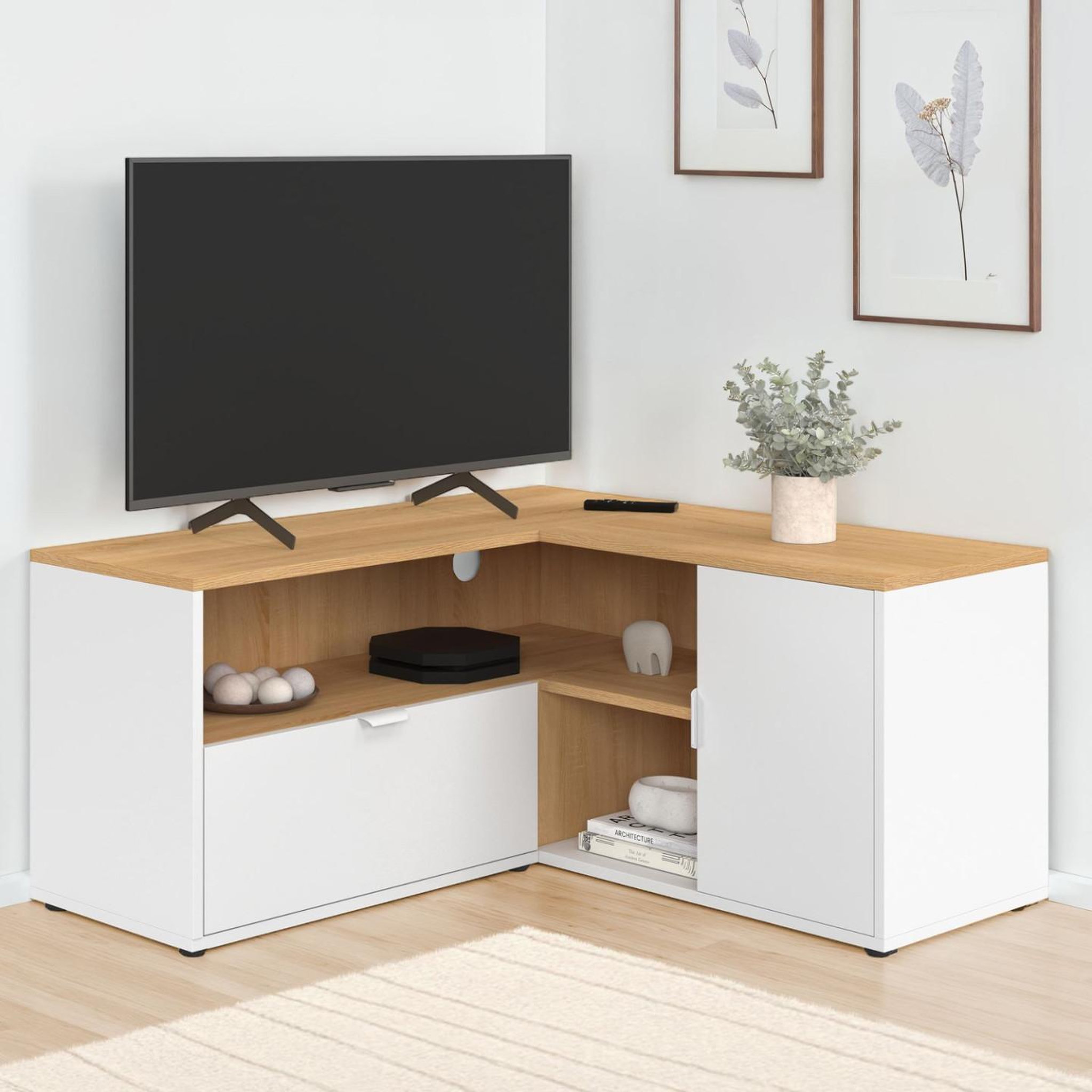 Voir la diapositive 2 : ID MARKET Meuble tv 90 x 90 cm d'angle baltazar façon hêtre et blanc