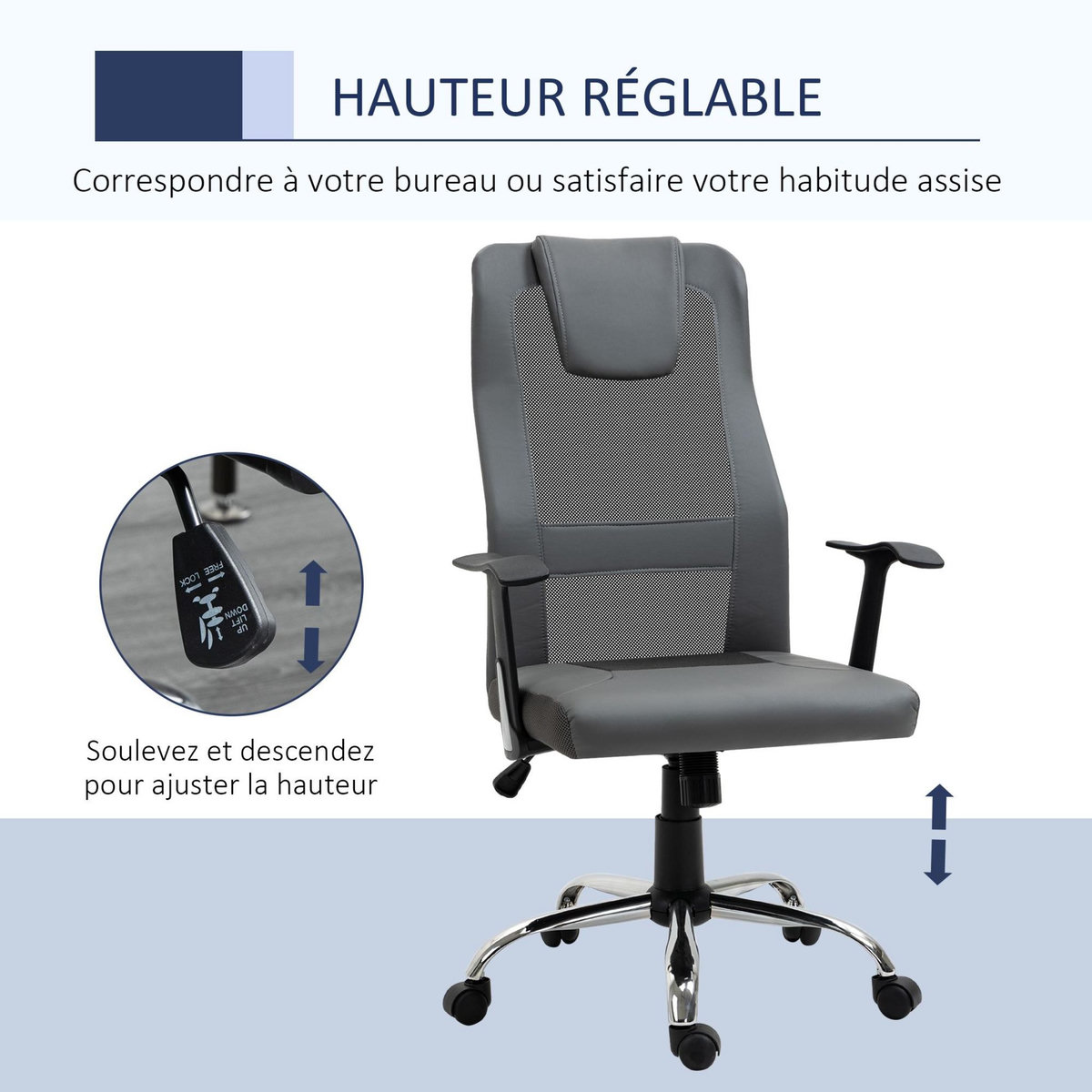 HOMCOM Fauteuil de bureau ergonomique hauteur assise réglable pivotant 360° revêtement synthétique et maille gris