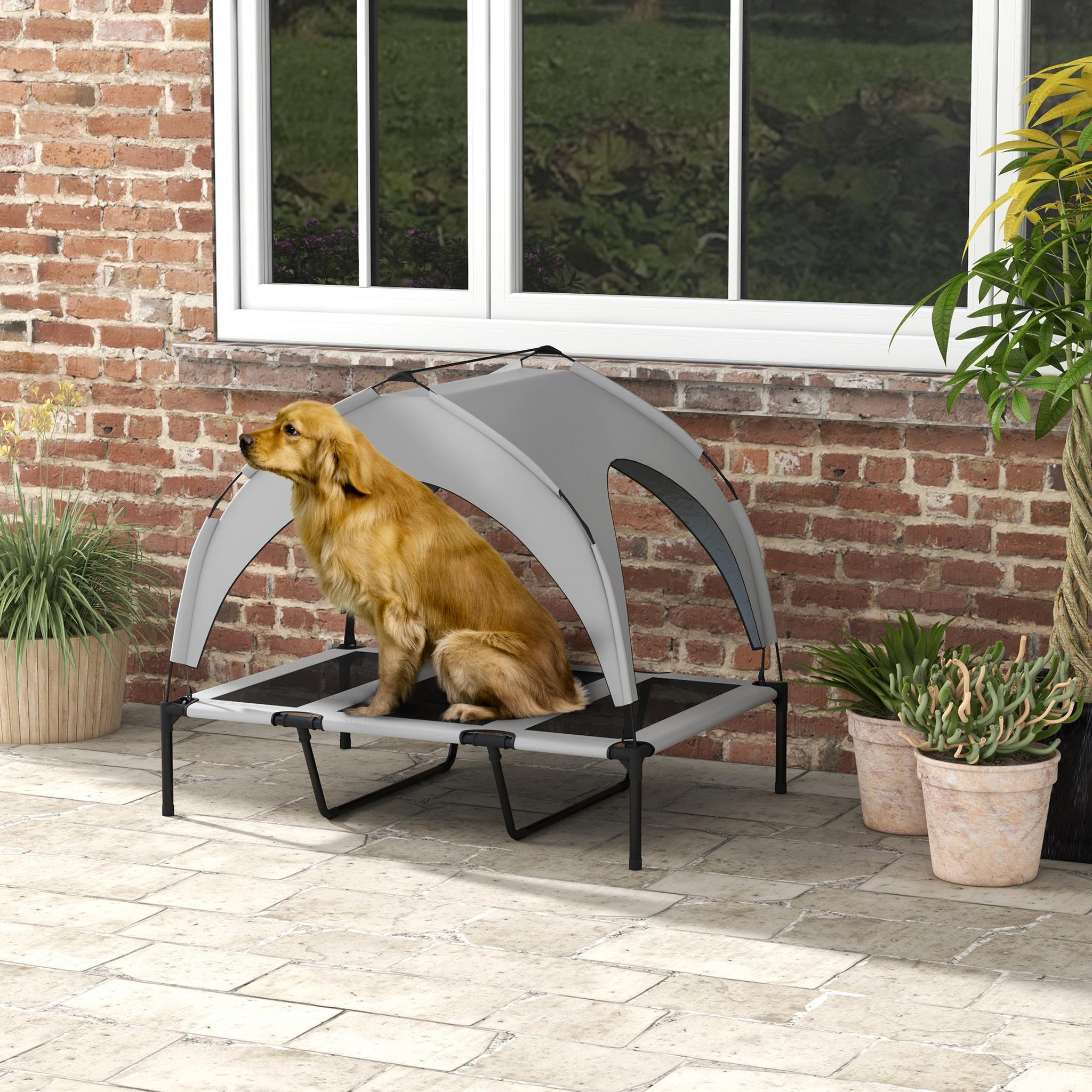 Voir la diapositive 2 : PAWHUT Lit chien sur pied avec voile ombrage - 106 x 76 x 94 cm - sac de transport - gris