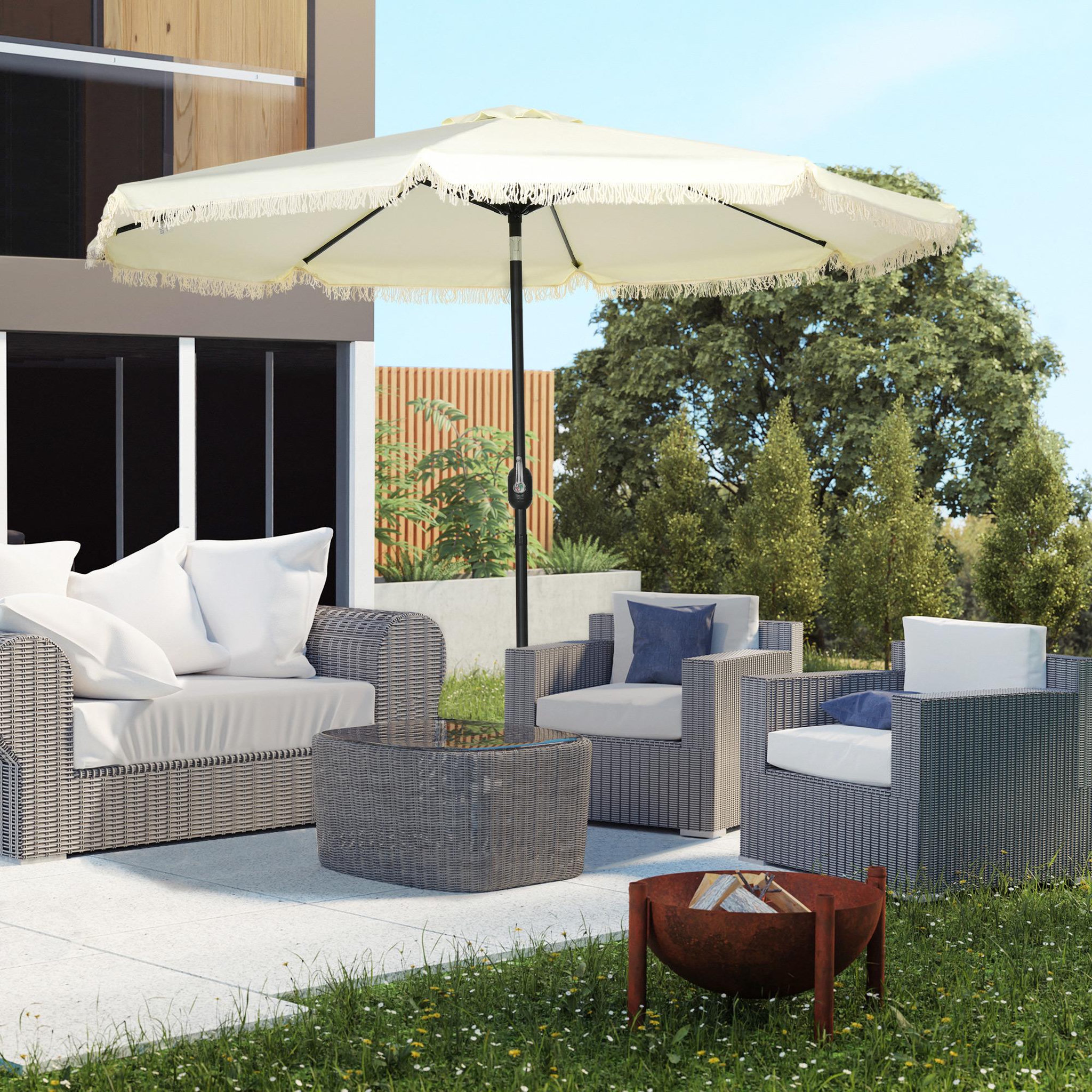 Voir la diapositive 2 : OUTSUNNY Parasol octogonal inclinable Ø 2,68 x 2,32H m mât acier noir polyester haute densité 180 g/m² crème