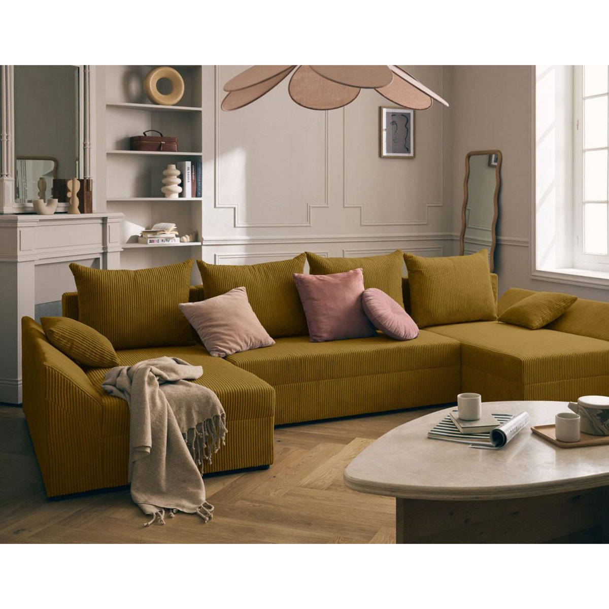 BEST MOBILIER Mike - canapé panoramique en u - 7 places - convertible avec coffre - en velours côtelé