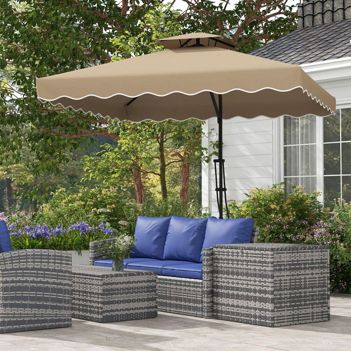 OUTSUNNY Parasol déporté carré pied en croix double toit lambrequin vague douce kaki