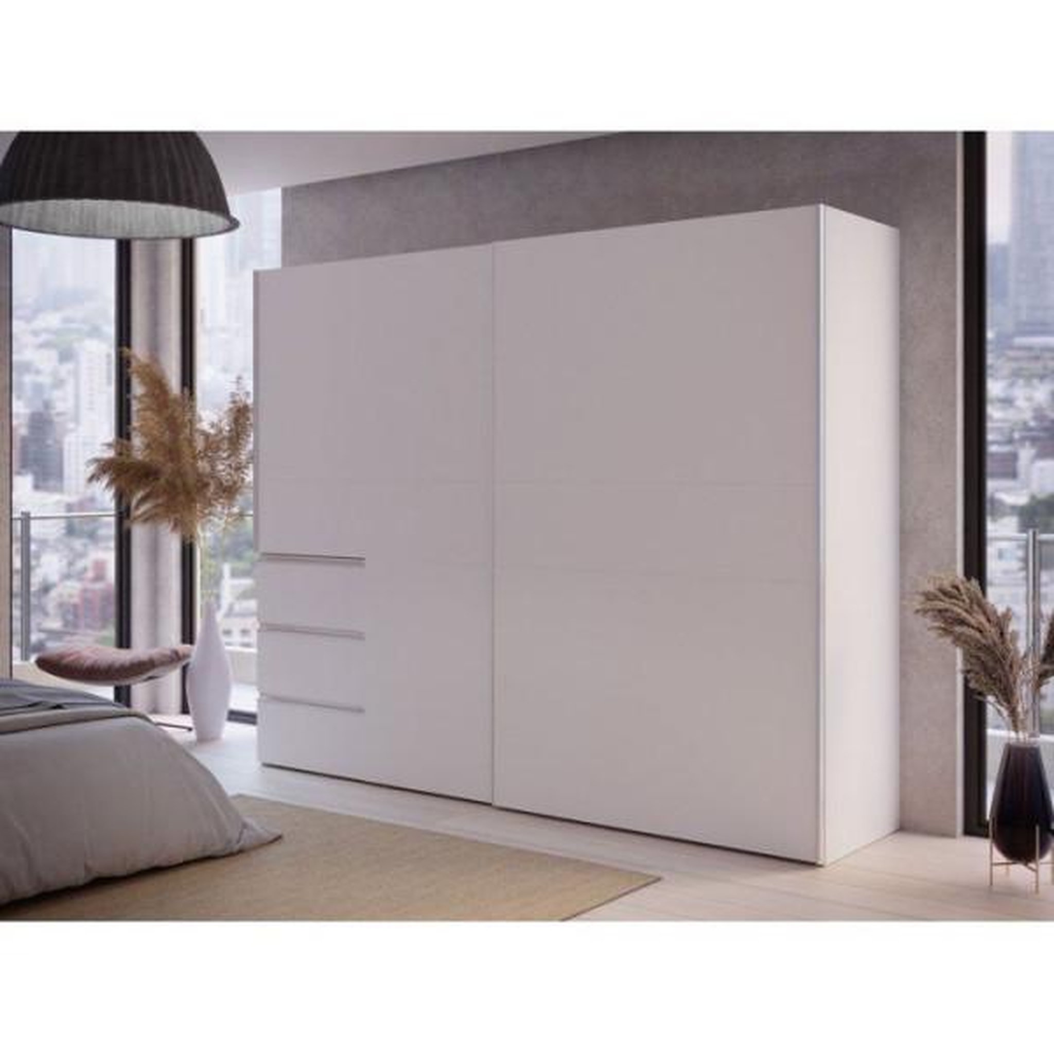 Voir la diapositive 3 : MARKET24 Armoire 2 portes coulissantes 3 tiroirs - Décor blanc mat - L 249 x P 61 x H 200 cm - WINN2