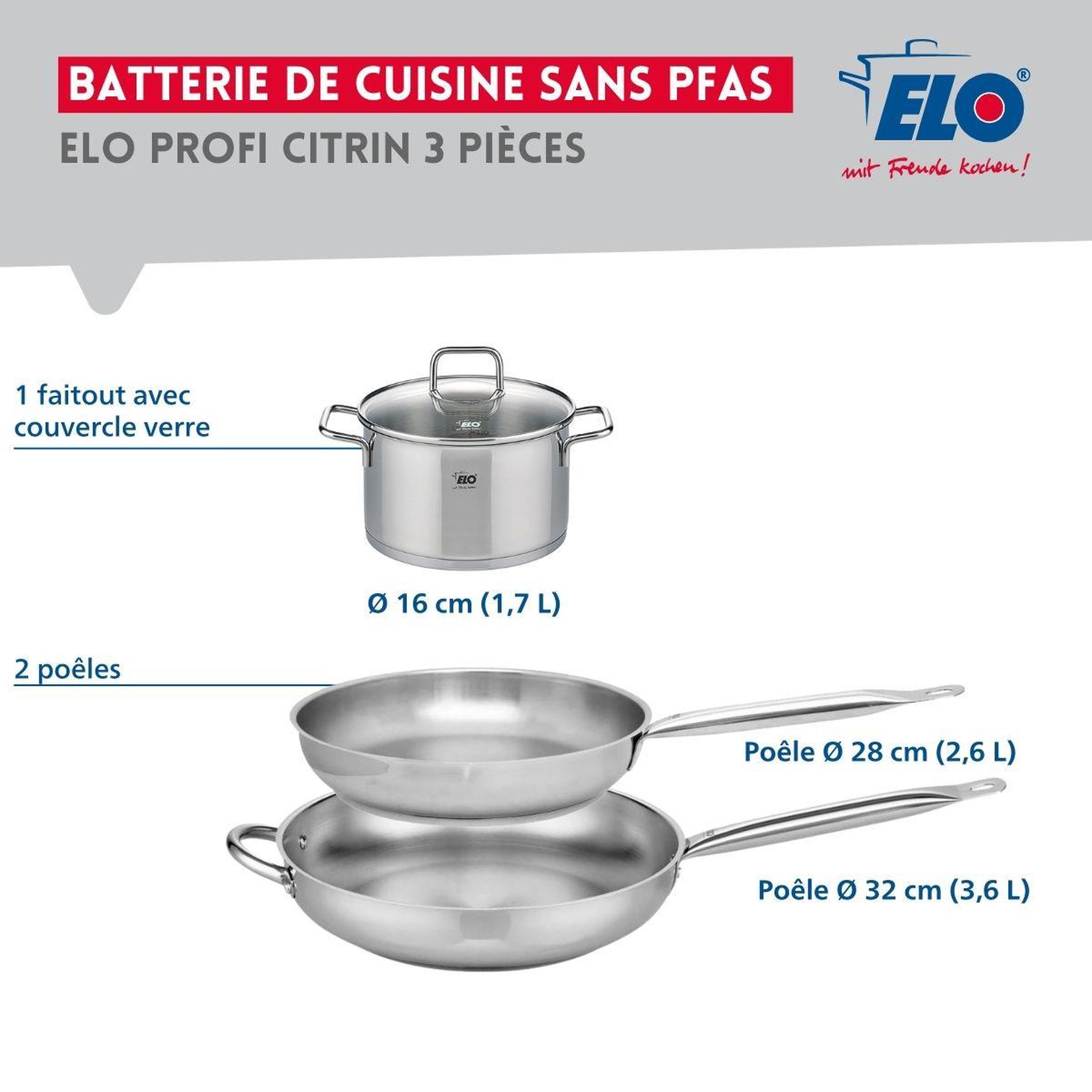 Voir la diapositive 2 : ELO Ensemble de 2 poêles de cuisson 28 et 32 cm et 1 faitout 16 cm elo profi citrin