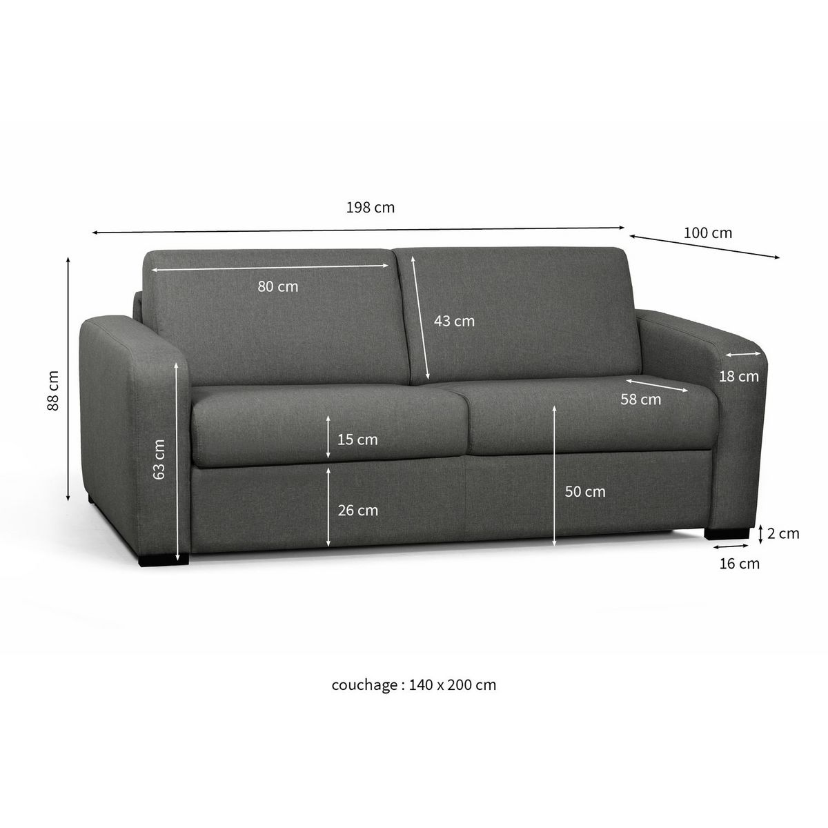 Canapé convertible système couchage express matelas 160x200 13cm 3 places en tissu  DYLAN 
