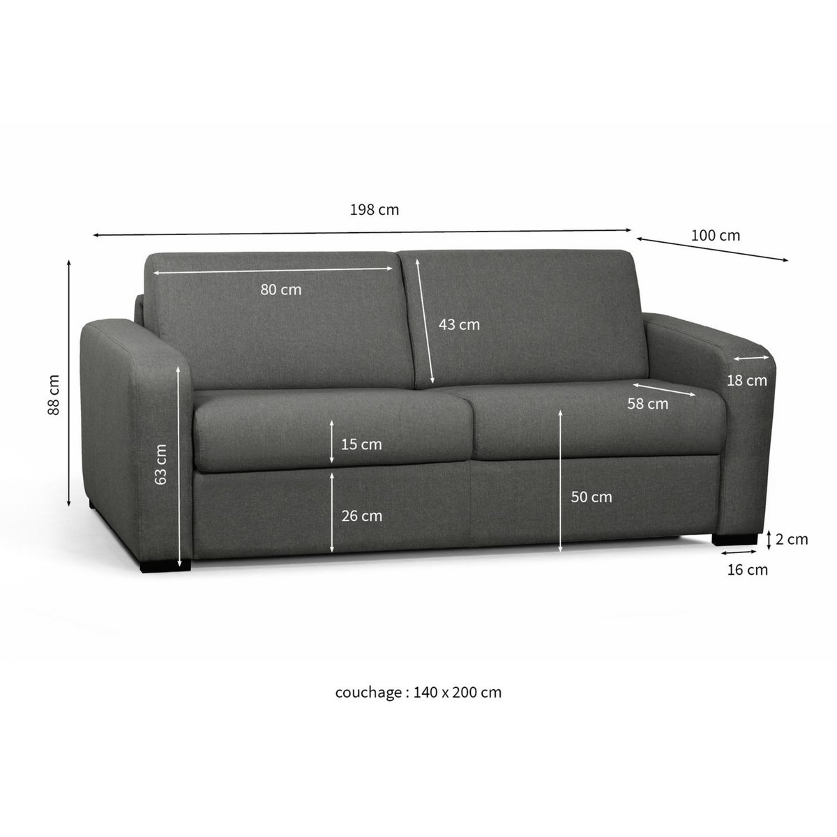 Canapé convertible système couchage express matelas 160x200 13cm 3 places en tissu  DYLAN 
