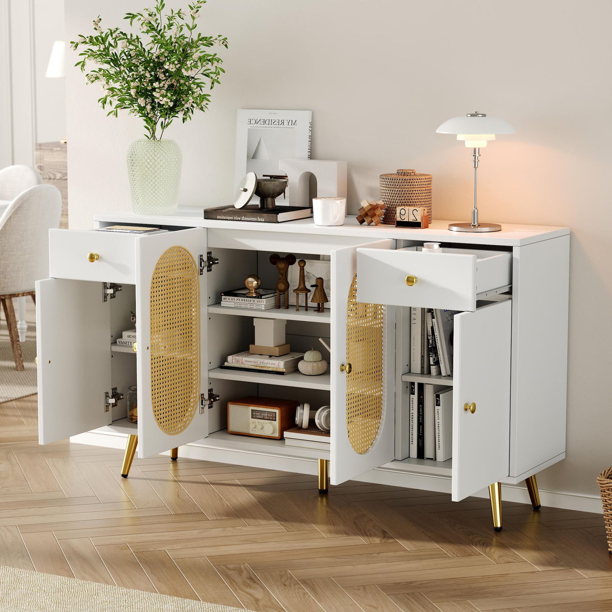 MERAX Buffet 4 porte(s) 2 tiroir(s) - 140 cm blanc panneau de particules